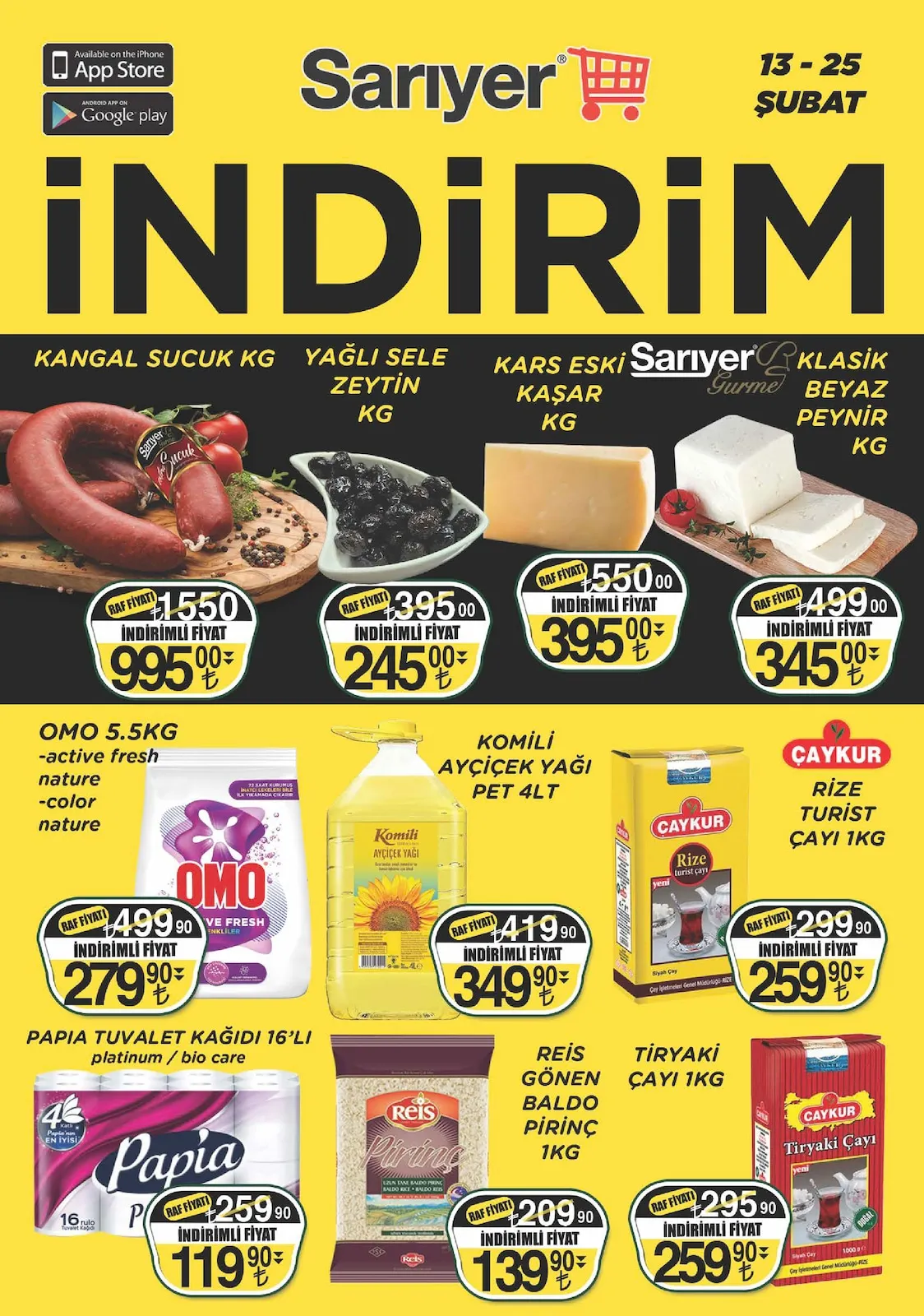 Sarıyer Sarıyer Market 13 Şubat 2026 Aktüel Kataloğu sayfa 1: Çaykur Tiryaki Çayı 1Kg, Rei̇S Gönen Baldo Pirinç 1Kg