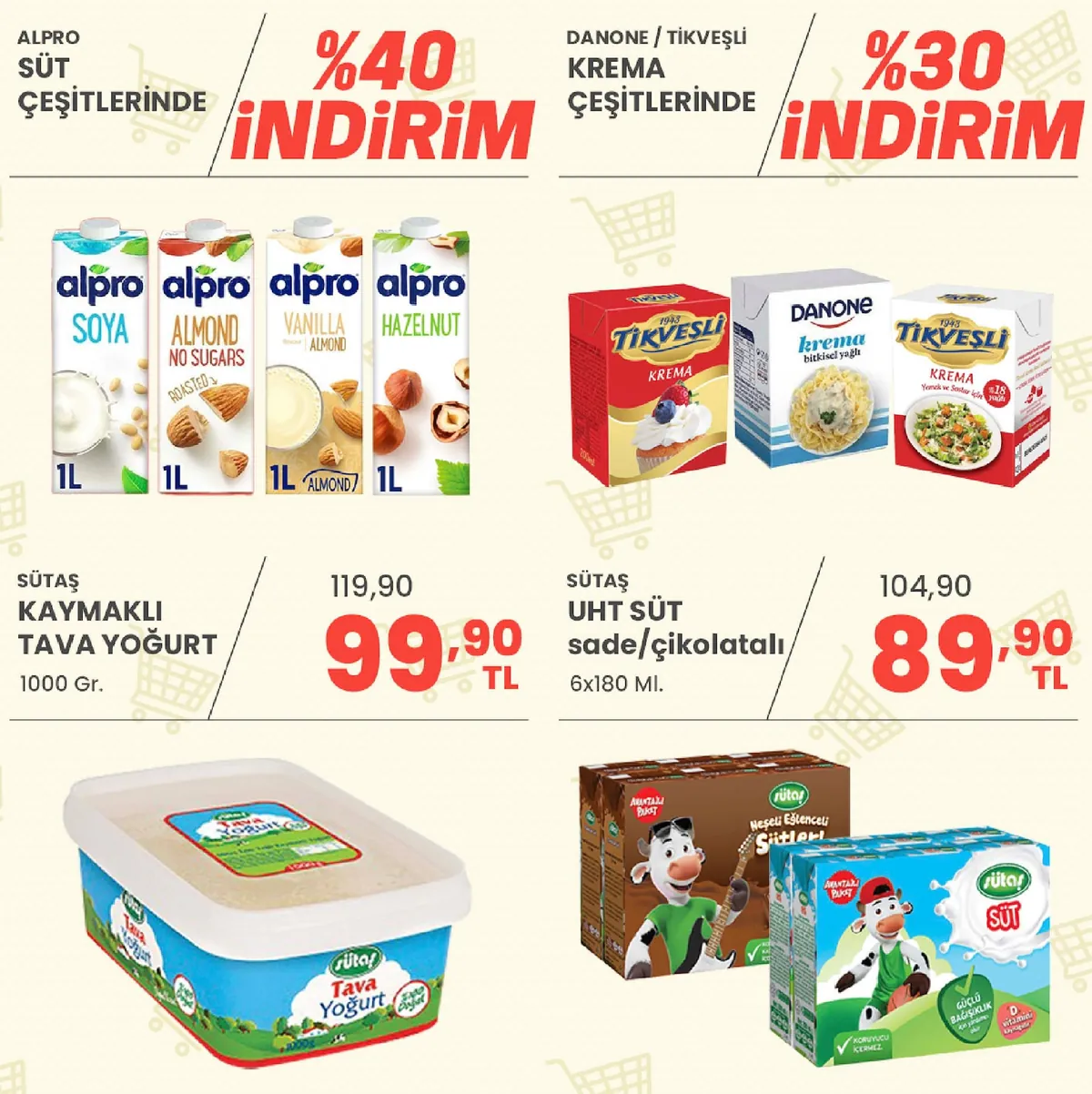 Sarıyer Sarıyer Market 8 Mayıs 2026 Aktüel Kataloğu sayfa 14: Sütaş Kaymaklı Tava Yoğurt 1000 Gr., Sütaş Uht Süt Sade/Çikolatalı 6X180 Ml.
