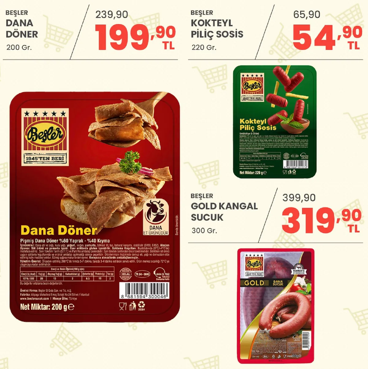 Sarıyer Sarıyer Market 8 Mayıs 2026 Aktüel Kataloğu sayfa 15: Beşler Dana Döner 200 Gr., Beşler Kokteyl Piliç Sosis 220 Gr.