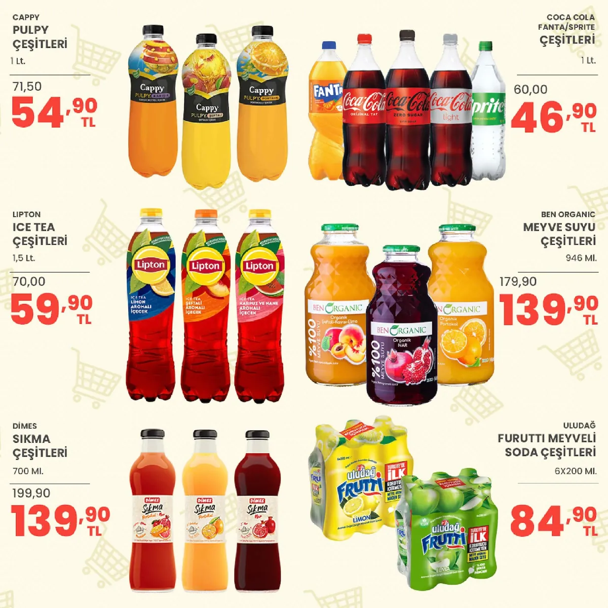 Sarıyer Sarıyer Market 8 Mayıs 2026 Aktüel Kataloğu sayfa 31: Uludağ Frutti Meyveli Soda Çeşitleri 6X200 Ml, Dimes Sıvı Meyve Çeşitleri 700 Ml