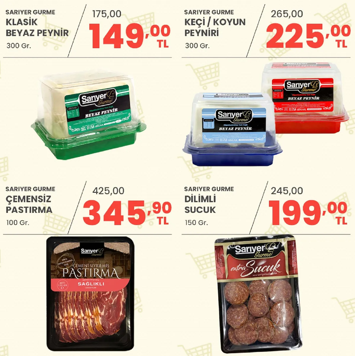 Sarıyer Sarıyer Market 8 Mayıs 2026 Aktüel Kataloğu sayfa 4: Sariyer Gurme Klasik Beyaz Peynir 300 Gr, Sariyer Gurme Çemensiz Pastirma 100 Gr