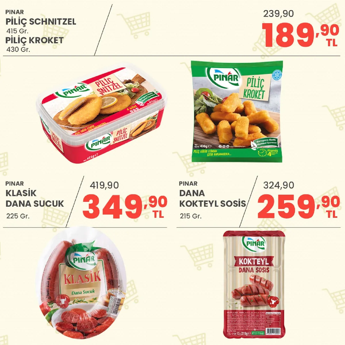 Sarıyer Sarıyer Market 8 Mayıs 2026 Aktüel Kataloğu sayfa 9: Pinar Klasik Dana Sucuk 225 Gr, Pinar Piliç Kroket 430G