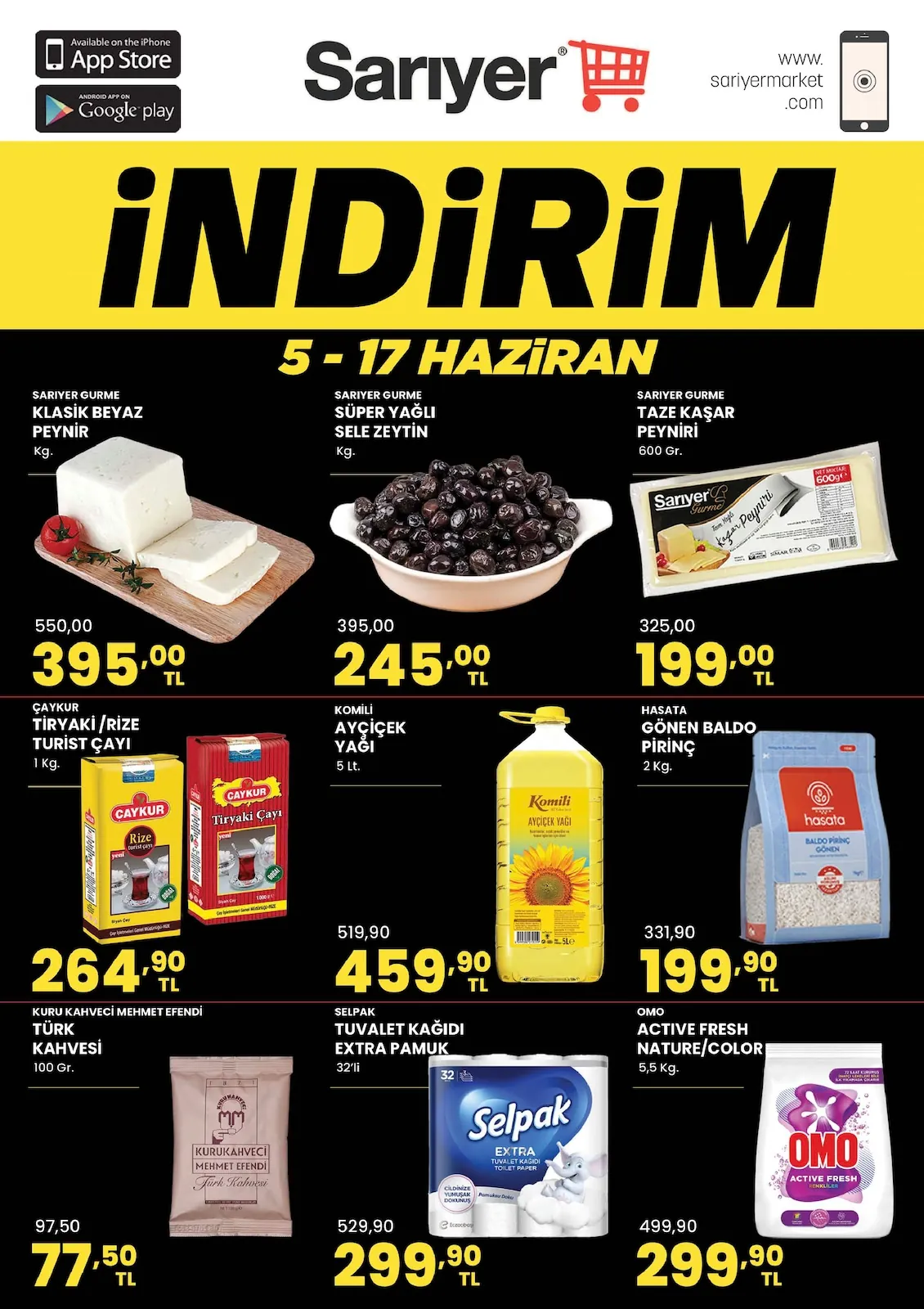 Sarıyer Sarıyer Market 5 Haziran 2026 Aktüel Kataloğu sayfa 1: Sariyer Gurme Taze Kasar Peyniri 600G, Hasata Gonen Baldo Pirinc 2Kg