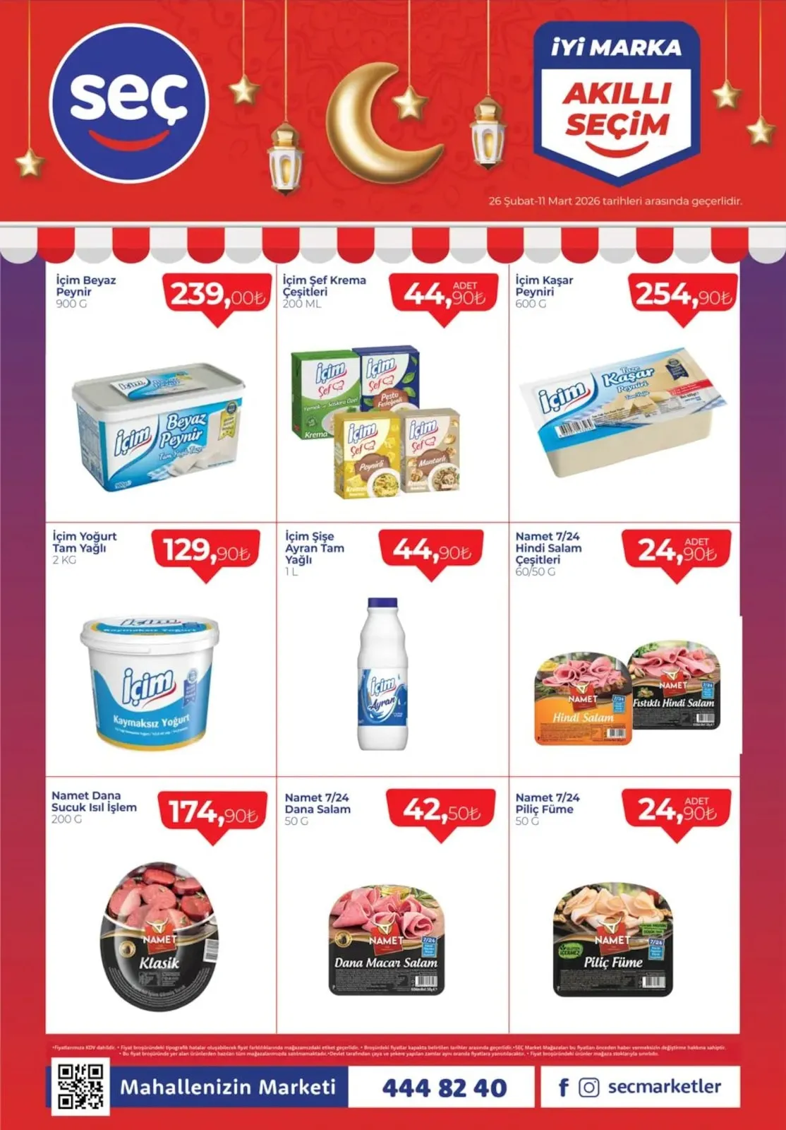 Seç Seç Market 26 Şubat 2026 Aktüel Kataloğu sayfa 1: İçim Şişe Ayran Tam Yağlı 1 L, Namet 7/24 Dana Salam 50 G