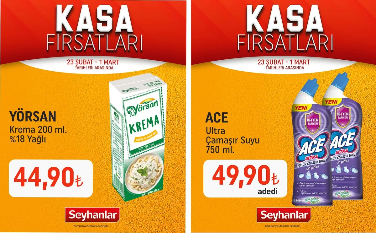 Seyhanlar Seyhanlar 23 Şubat 2026 Aktüel Kataloğu sayfa 1: Ace Ultra Çamaşır Suyu 750 Ml, Yörsan Krema 200 Ml %18 Yağlı