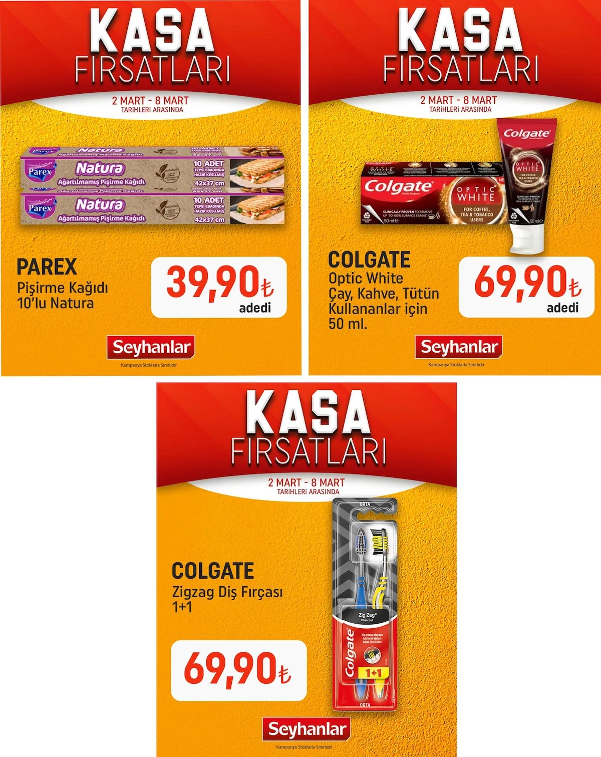 Seyhanlar Seyhanlar 2 Mart 2026 Aktüel Kataloğu sayfa 1: Colgate Optic White Çay, Kahve, Tütün Kullanlar Için 50 Ml., Colgate Zigzag Diş Fırçası 1+1