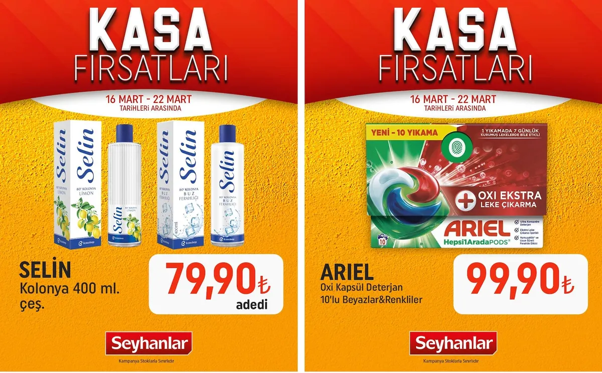 Seyhanlar Seyhanlar 16 Mart 2026 Aktüel Kataloğu sayfa 1: Ariel Oxi Kapsül Deterjan 10'Lu Beyazlar&Renkliler
