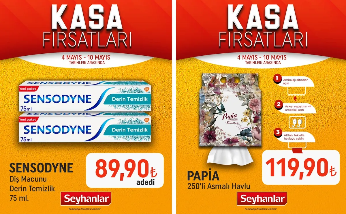 Seyhanlar Seyhanlar 4 Mayıs 2026 Aktüel Kataloğu sayfa 1: Sensodyne Diş Macunu Derin Temizlik 75Ml, Papıa Asmalı Havlu 250'Li