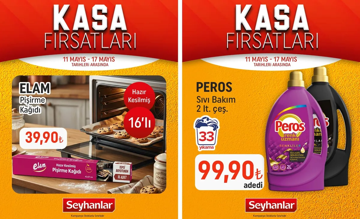 Seyhanlar Seyhanlar 11 Mayıs 2026 Aktüel Kataloğu sayfa 1: Peros Sıvı Bakım Renk Uzmanı Kolajen Serum Etkisi İle 
Kumaş Koruma & Bakım 2 L, Elam Hazır Kesilmiş Pişirme Kağıdı 16 Adet