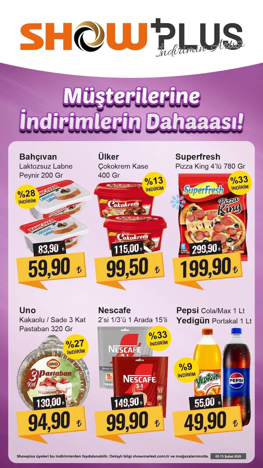Show Show Market 9 Şubat 2026 Aktüel Kataloğu sayfa 1: Pepsi Cola/Max 1 Lt Yedigün Portakal 1 Lt, Nescafe 2'Si 1/3'Ü 1 Arada 15'Li