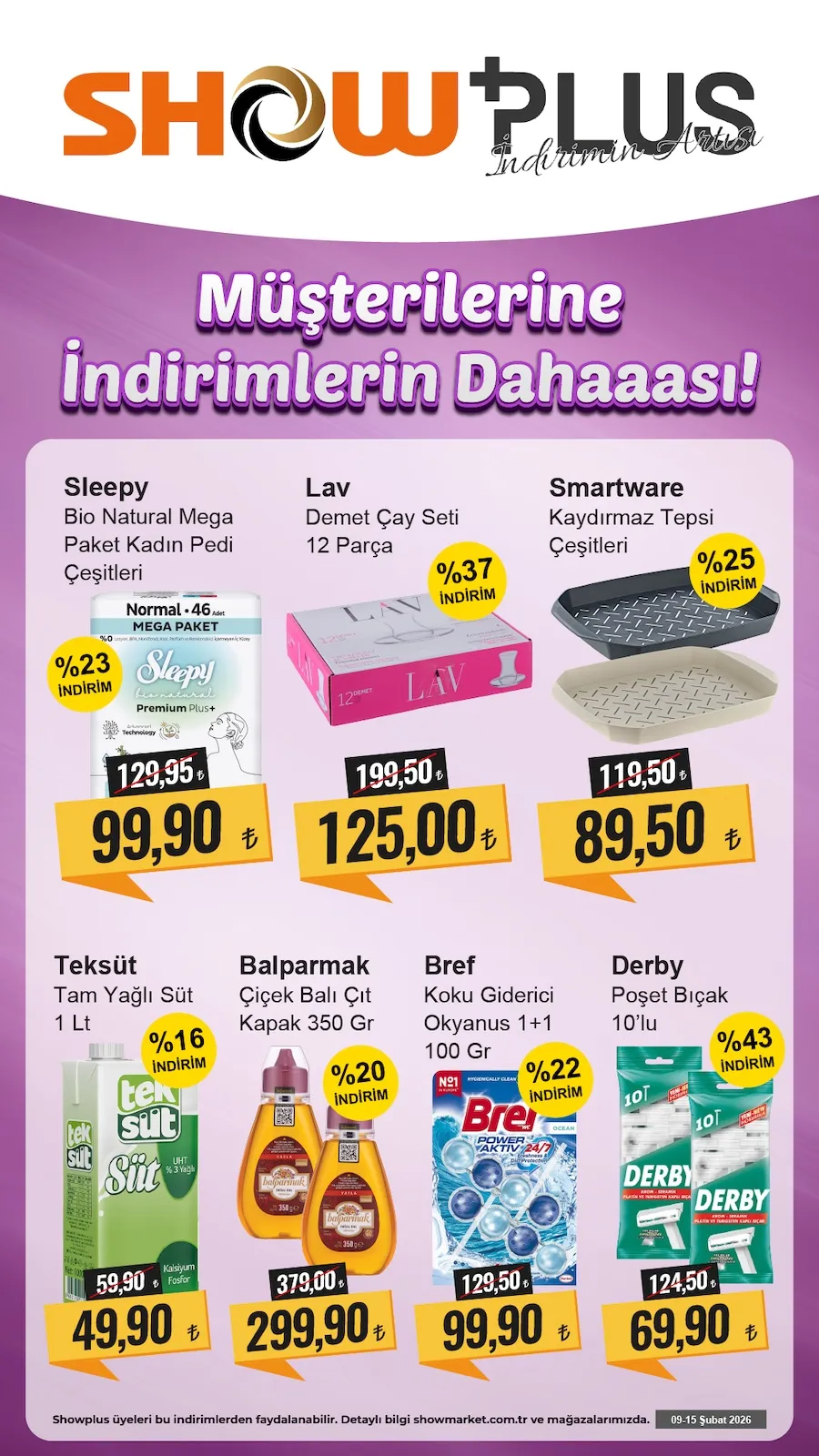 Show Show Market 9 Şubat 2026 Aktüel Kataloğu sayfa 2: Sleepy Bio Natural Mega Paket Kadın Pedi Çeşitleri, Derby Poşet Bıçak 10'Lu