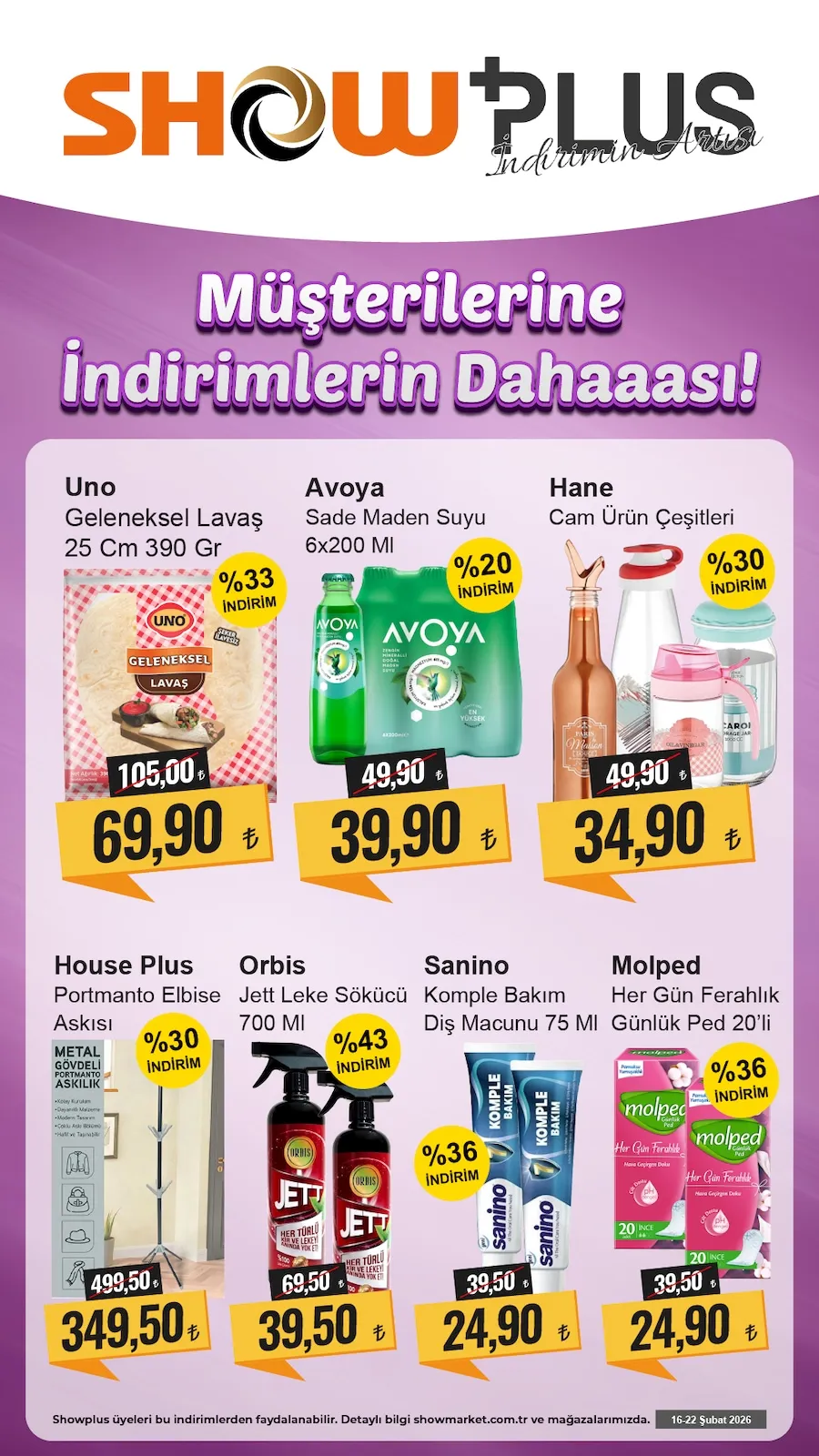 Show Show Market 16 Şubat 2026 Aktüel Kataloğu sayfa 1: Avoya Sade Maden Suyu 6X200 Ml, Hane Cam Ürün Çeşitleri