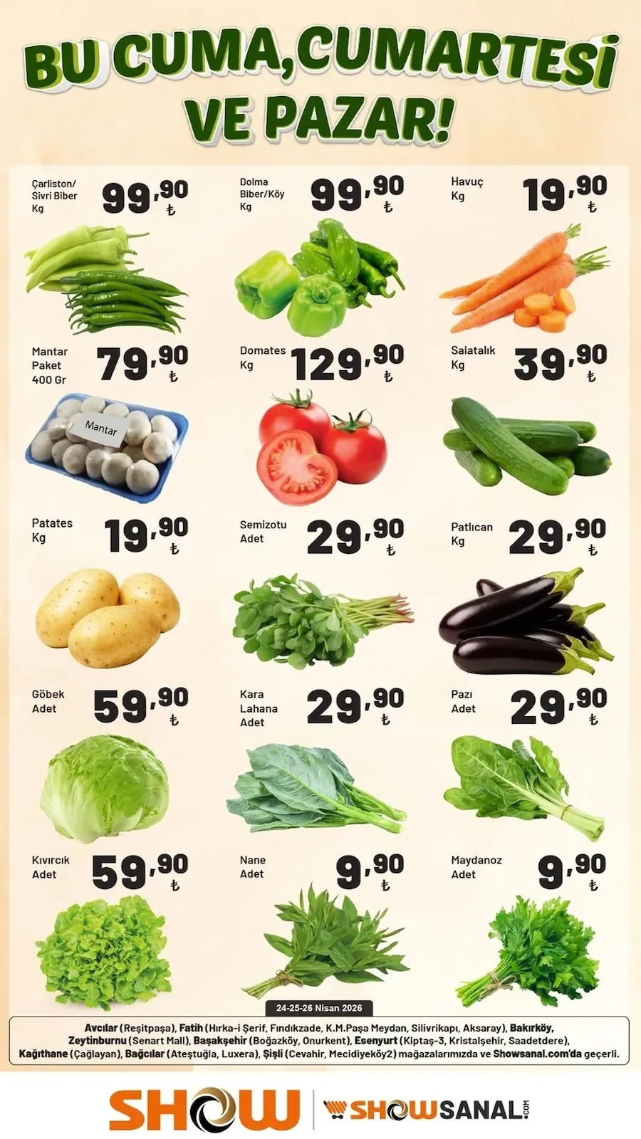 Show Show Market 24 Nisan 2026 Aktüel Kataloğu sayfa 2: Patlıcan Kg, Mantar 400 Gr