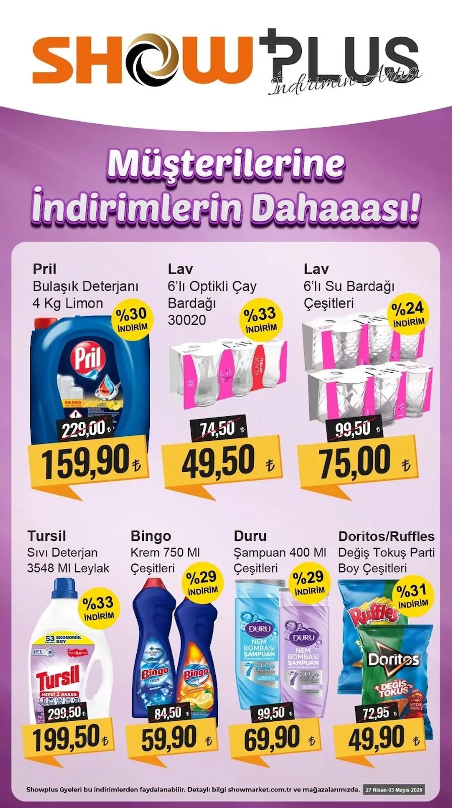 Show Show Market 27 Nisan 2026 Aktüel Kataloğu sayfa 2: Tursil Sıvı Deterjan 3548 Ml Leylak, Bingo Krem 750 Ml Çeşitleri