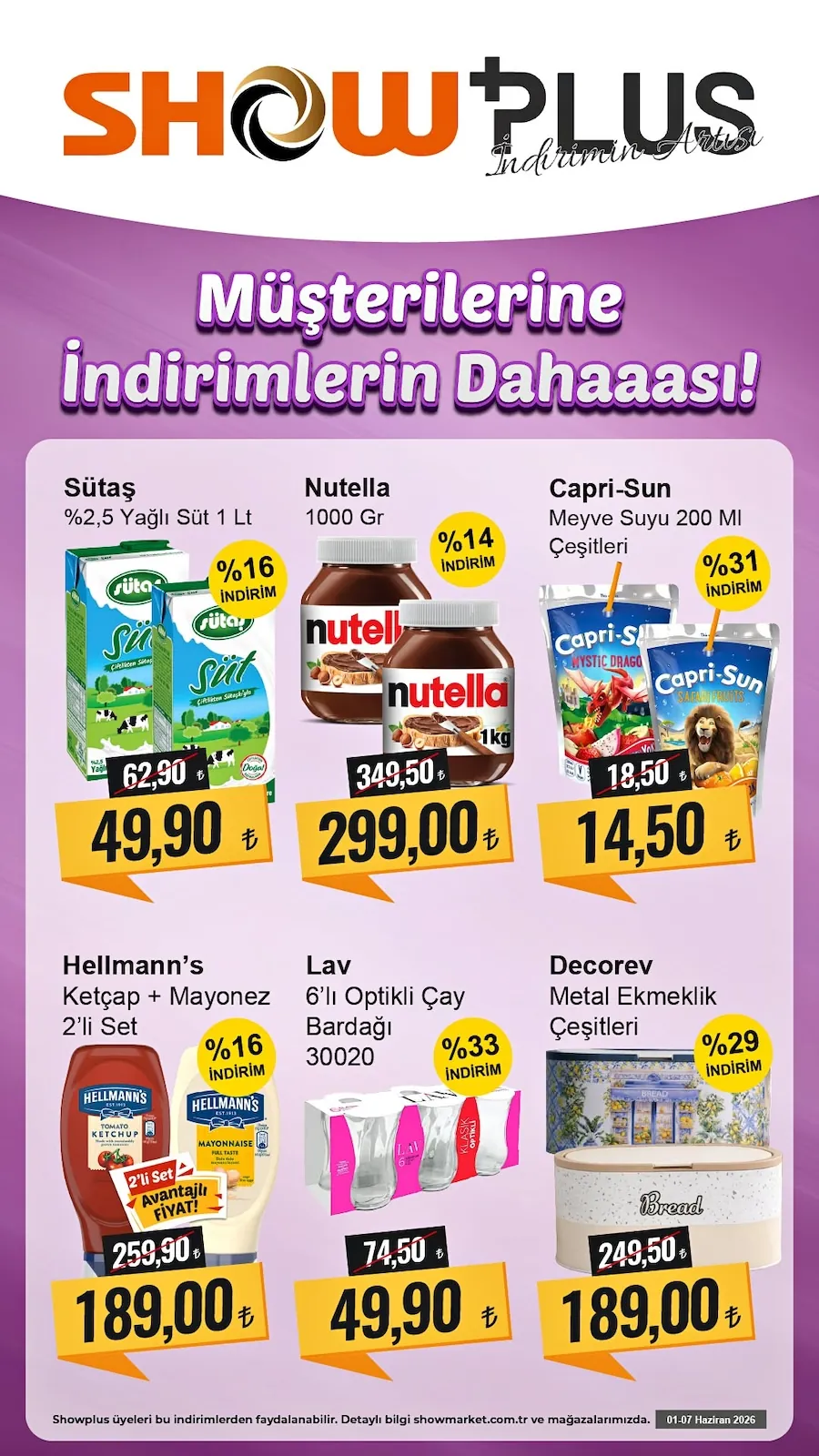 Show Show Market 1 Haziran 2026 Aktüel Kataloğu sayfa 1: Hellmann'S Ketçap + Mayonez 2'Li Set, Lav 6'Lı Optikli Çay Bardağı 30020
