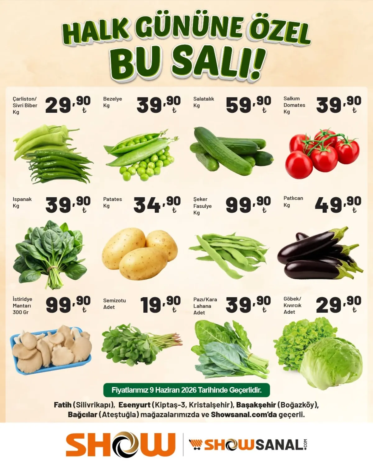 Show Show Market 9 Haziran 2026 Aktüel Kataloğu sayfa 2: Göbek / Kıvırcık Adet, Salkım Domates Kg