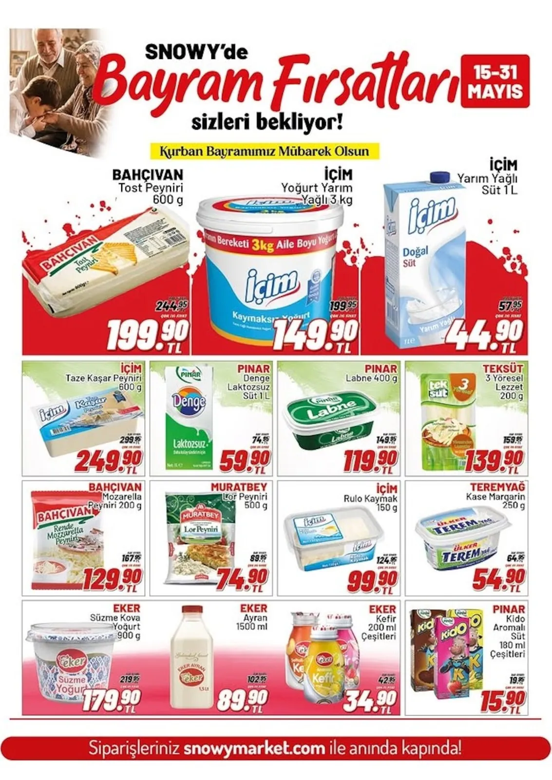 Snowy Snowy Market 15 Mayıs 2026 Aktüel Kataloğu sayfa 3: İçim Taze Kaşar Peyniri 600G, Pınar Denge Laktozsuz Süt 1L