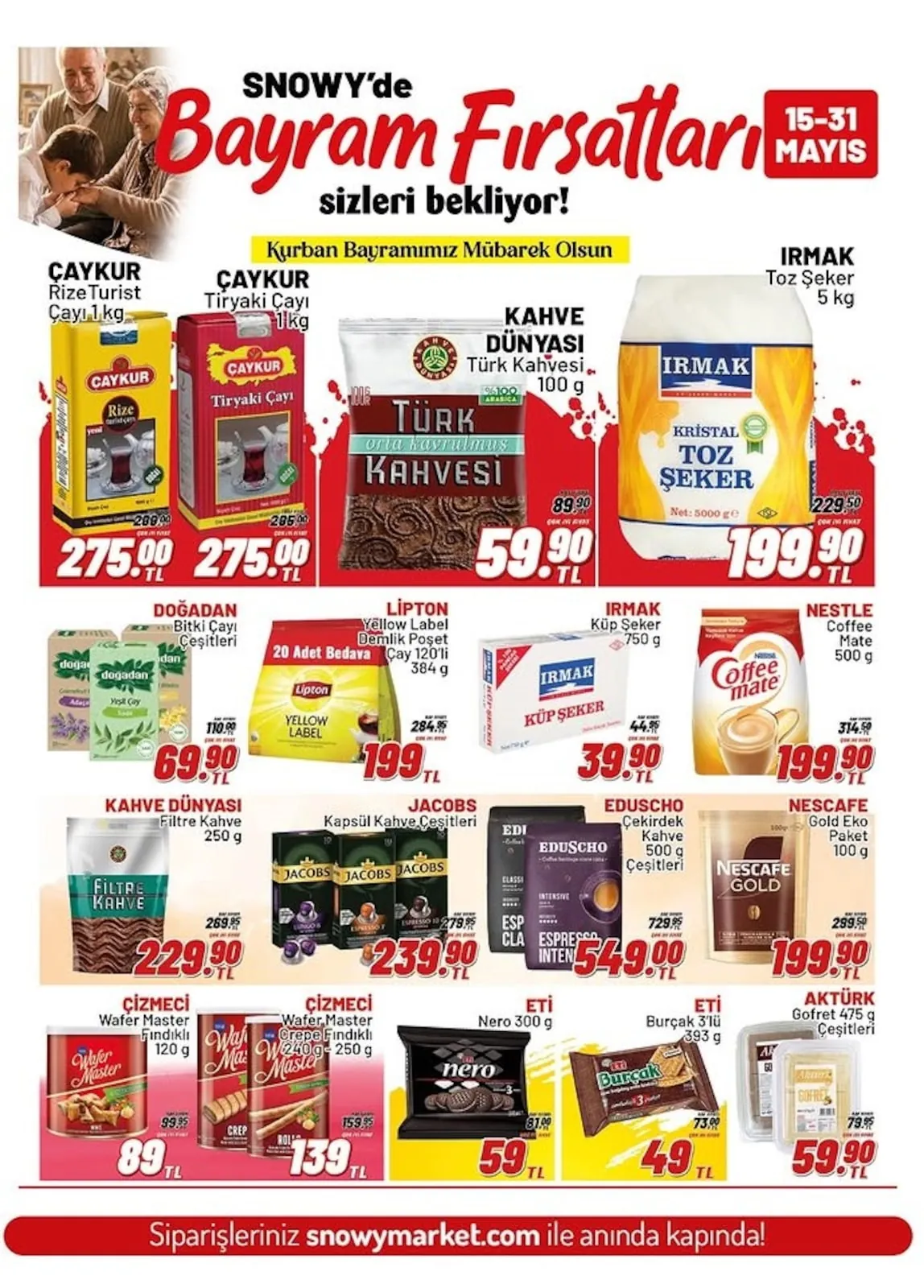 Snowy Snowy Market 15 Mayıs 2026 Aktüel Kataloğu sayfa 8: Eti Burçak 3'Lü 393G, Irmak Küp Şeker 750G