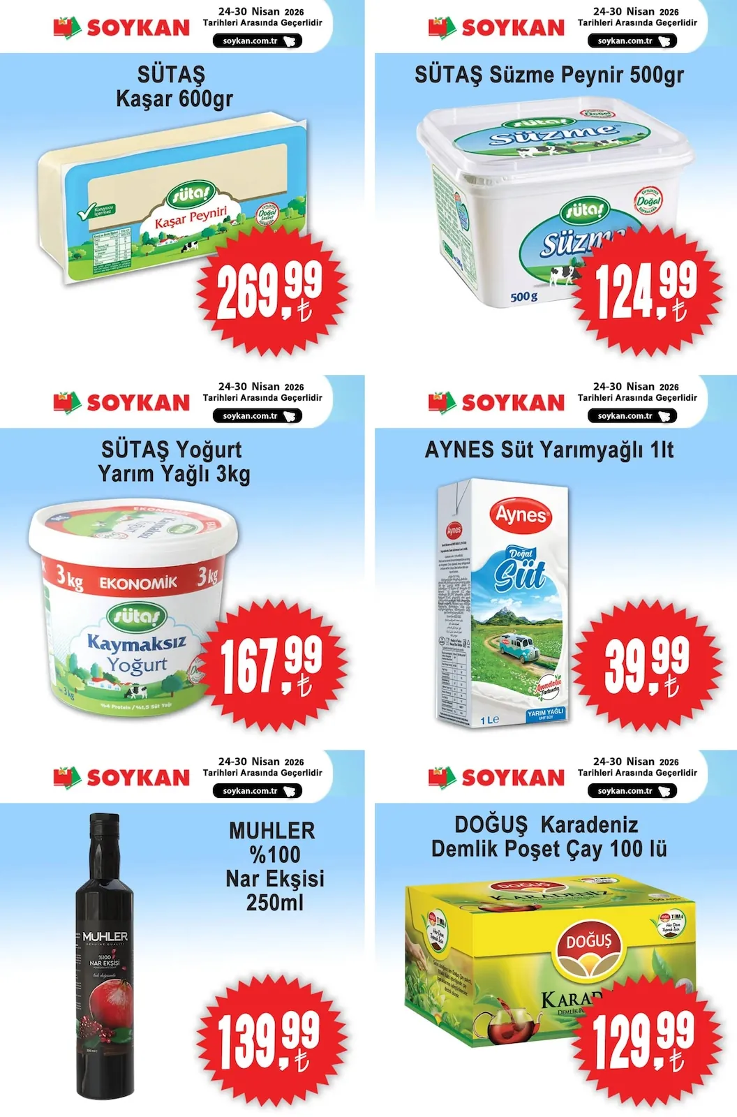 Soykan Soykan Market 24 Nisan 2026 Aktüel Kataloğu sayfa 1: Sütaş Kaşar Peyniri 600Gr, Sütaş Yoğurt Yarım Yağlı 3Kg