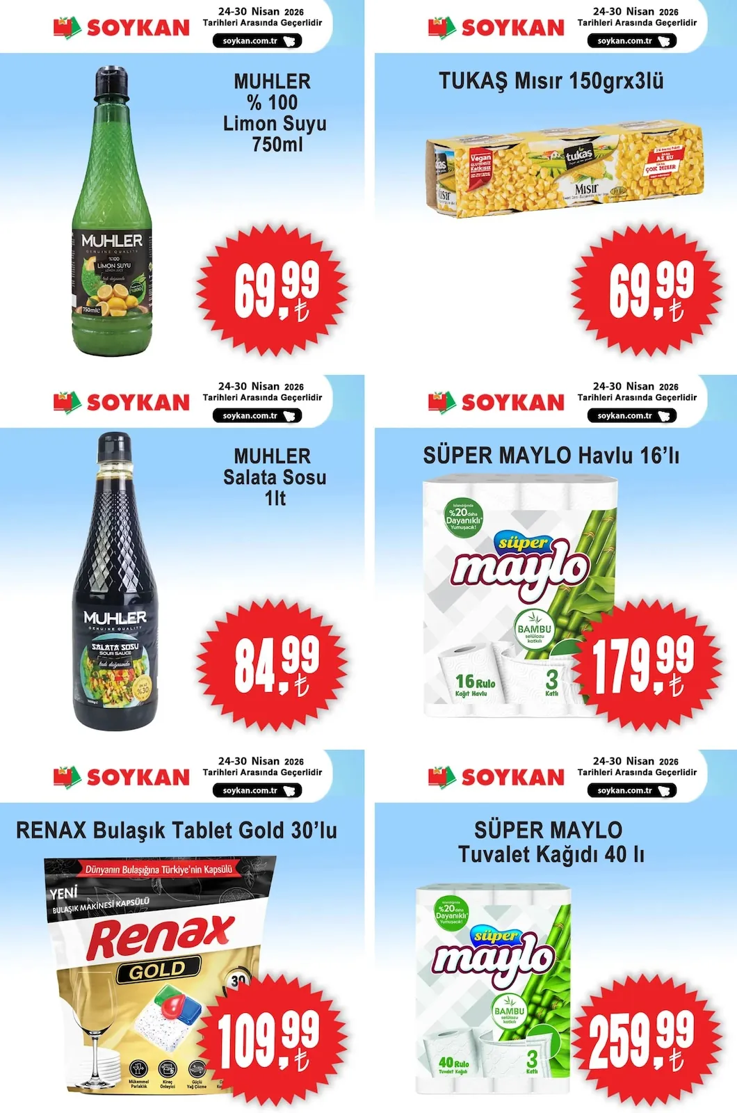 Soykan Soykan Market 24 Nisan 2026 Aktüel Kataloğu sayfa 2: Tukaş Mısır 150Grx3Lü, Süper Maylo Tuvalet Kağıdı 40'Lı