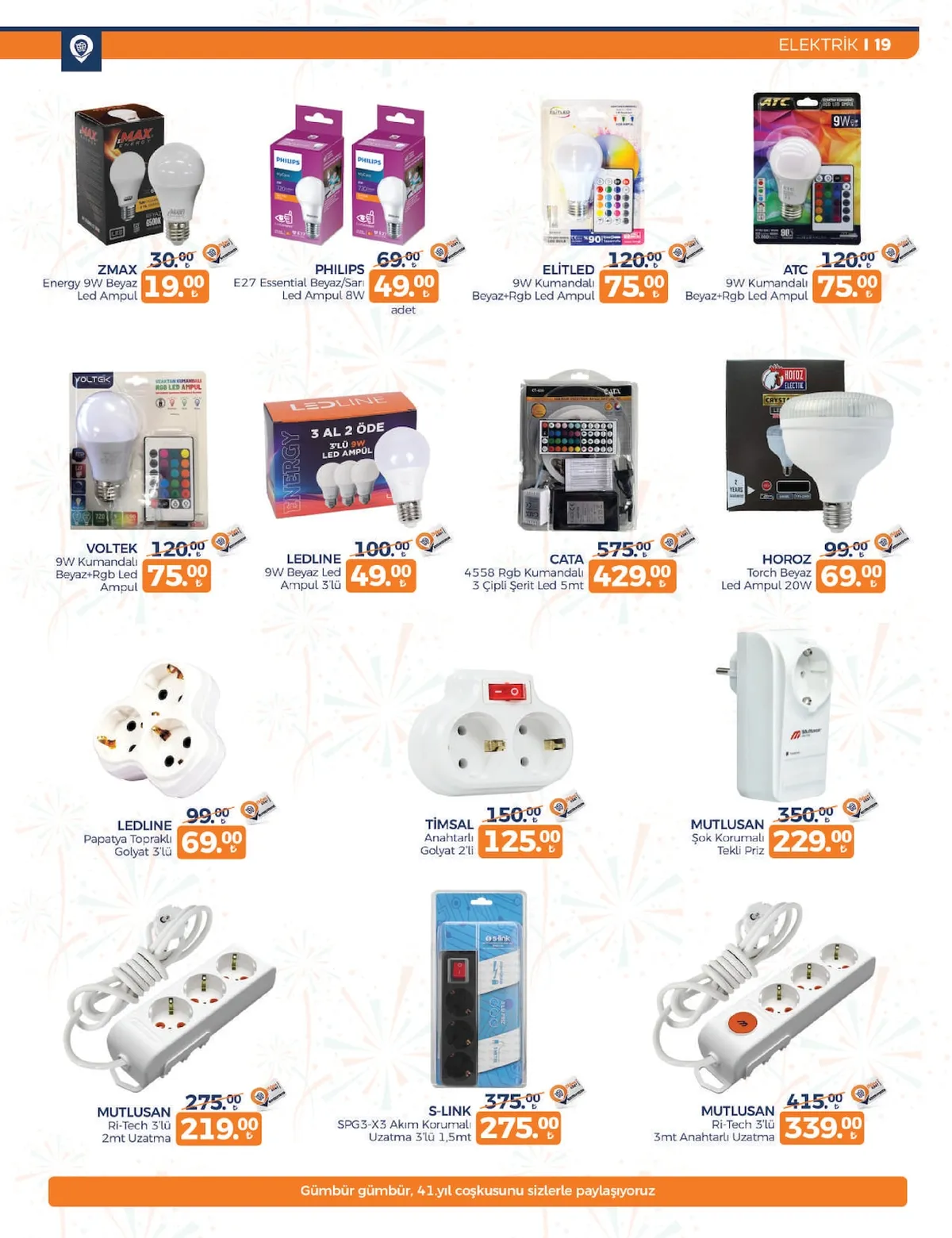 Tahtakale Tahtakale Spot 13 Şubat 2026 Aktüel Kataloğu sayfa 23: Cata 4558 Rgb Kumandalı 3 Çipli Şerit Led 5Mt, Horoz Torch Beyaz Led Ampul 20W