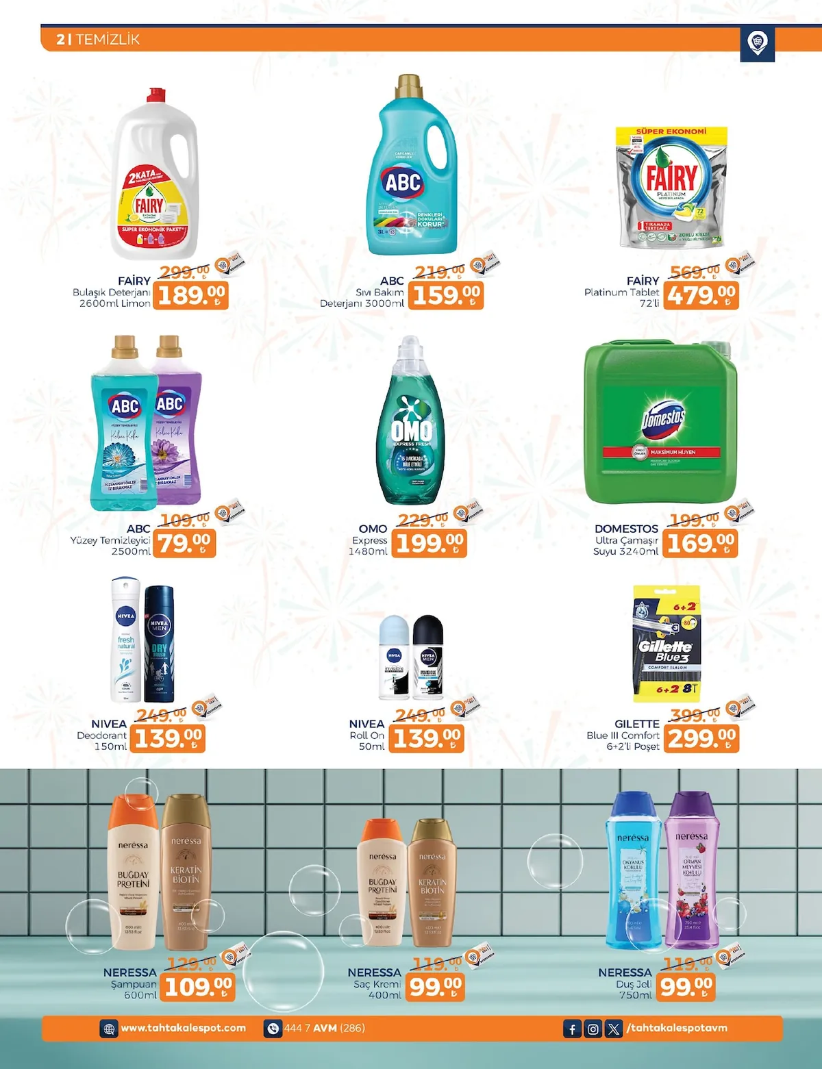 Tahtakale Tahtakale Spot 21 Nisan 2026 Aktüel Kataloğu sayfa 2: Domestos Ultra Çamaşır Suyu 3240Ml, Fairy Bulaşık Deterjanı 2600Ml Limon