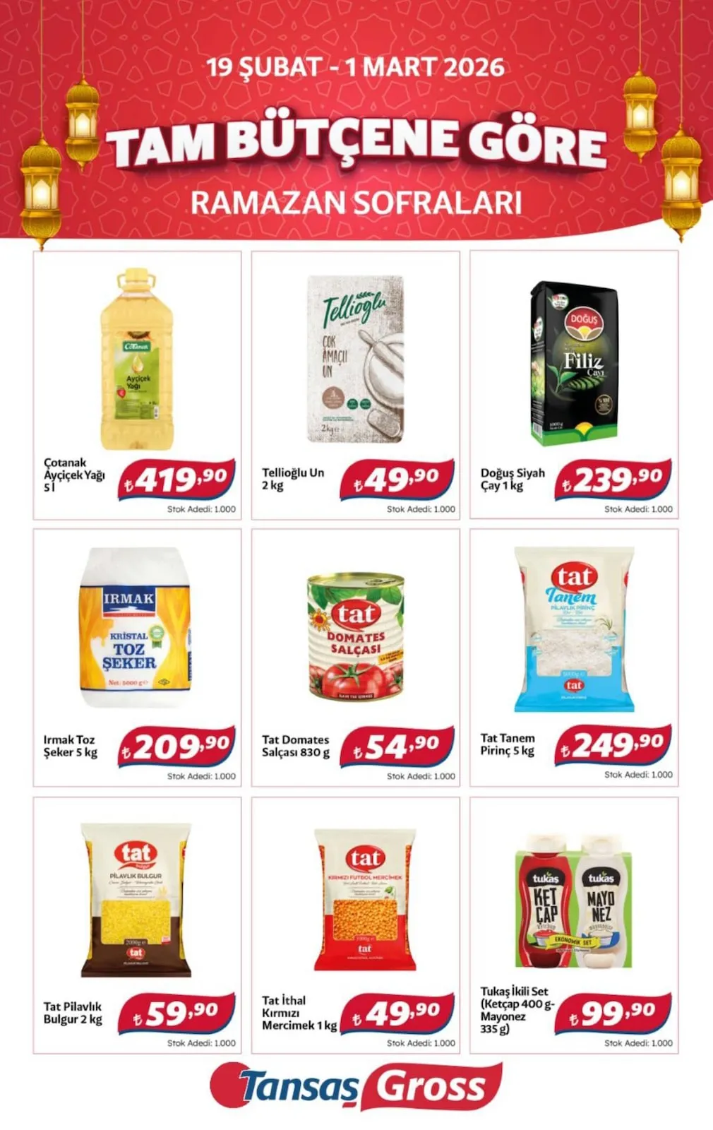 Tansaş Tansaş Gross 19 Şubat 2026 Aktüel Kataloğu sayfa 1: Tat İthal Kırmızı Mercimek 1 Kg, Tellioğlu Un 2 Kg