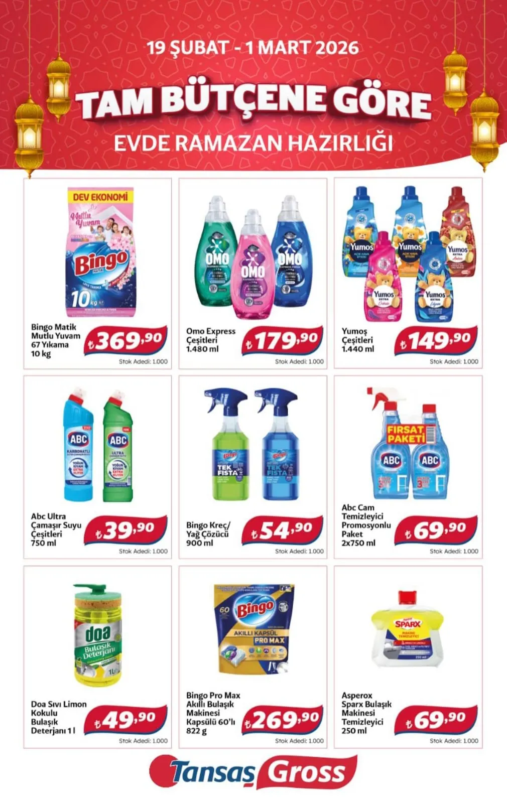 Tansaş Tansaş Gross 19 Şubat 2026 Aktüel Kataloğu sayfa 7: Omo Express Çeşitleri 1.480 Ml, Bingo Pro Max Akıllı Bulaşık Makinesi Kapsülü 60'Lı 822 G