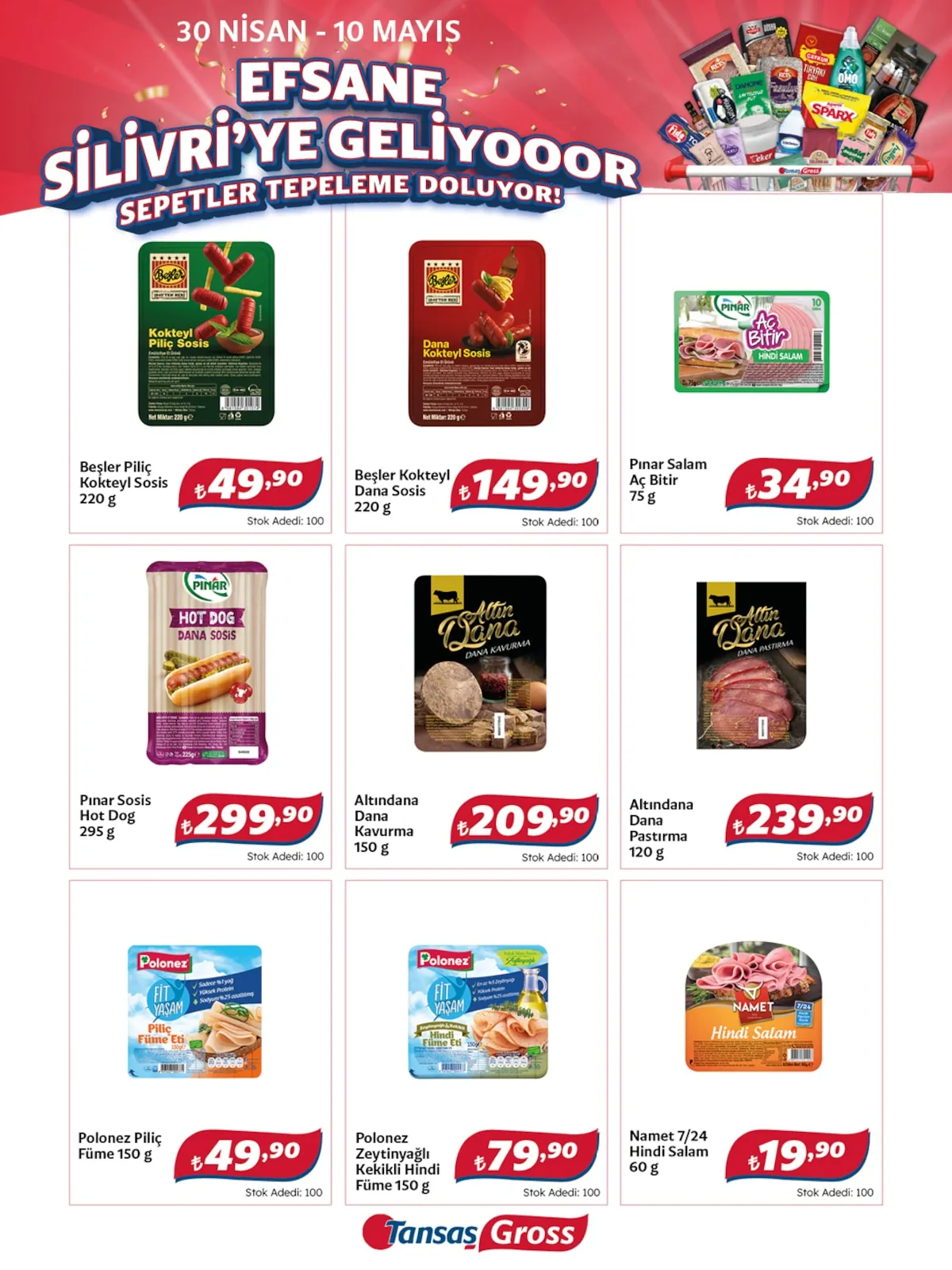 Tansaş Tansaş Gross 30 Nisan 2026 Aktüel Kataloğu sayfa 4: Altindana Dana Pastirma 120 G, Pinar Sosis Hot Dog 295 G