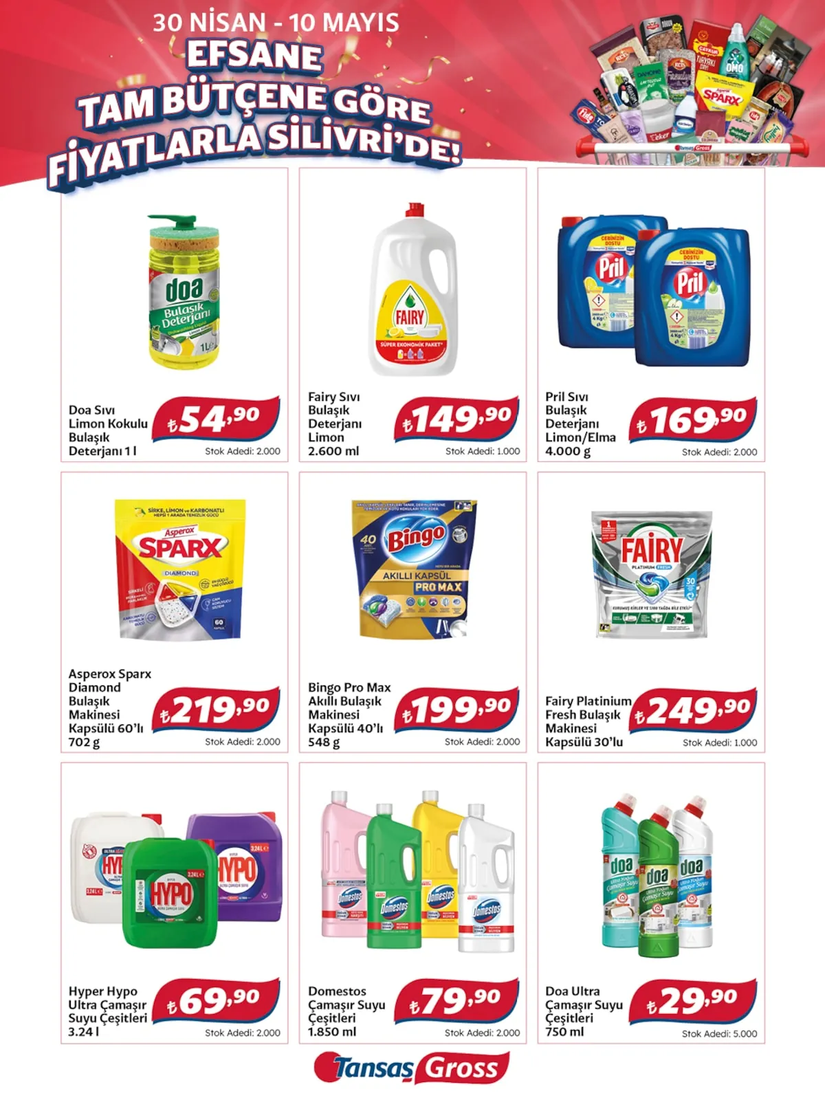 Tansaş Tansaş Gross 30 Nisan 2026 Aktüel Kataloğu sayfa 9: Domestos Çamaşır Suyu Çeşitleri 1.850 Ml, Bingo Pro Max Akıllı Bulaşık Makinesi Kapsülü 40'Lı 548G