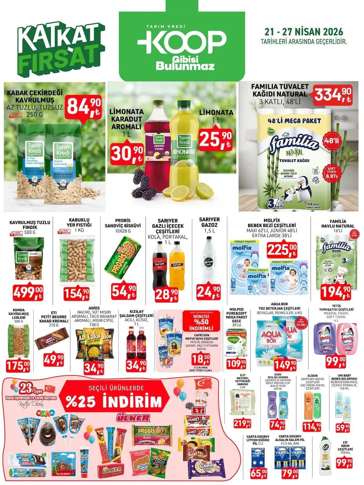 Tarım Tarım Kredi Kooperatifi 21 Nisan 2026 Aktüel Kataloğu sayfa 1: Adios Nacho, Süt Mısırı Aromalı, Taco Baharat Aromalı, Mısır Cipsi, 130 G, Familia Tuvalet Kağıdı Natural 3 Katlı, 48'Li