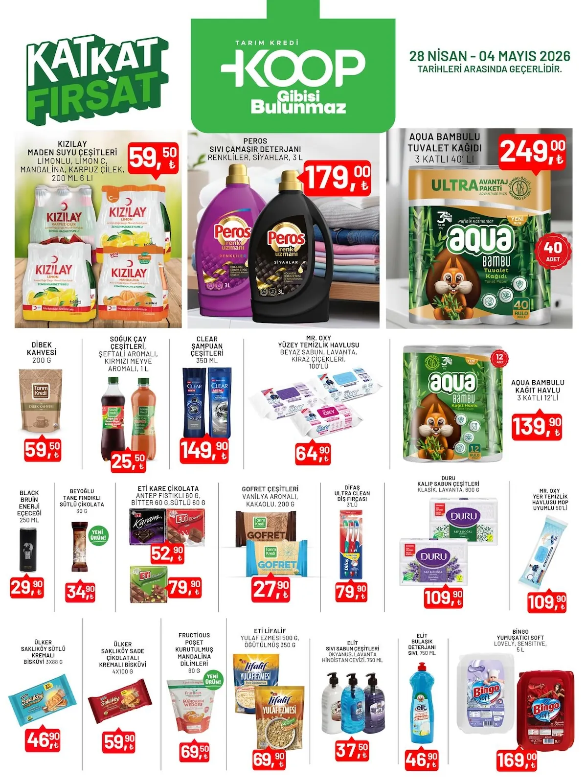 Tarım Kredi Tarım Kredi Kooperatifi 28 Nisan 2026 Aktüel Kataloğu sayfa 2: Mr. Oxy Yüzey Temizlik Havlusu Beyaz Sabun, Lavanta, Kiraz Çiçekleri, 100'Lü, Soğuk Çay Çeşitleri Şeftali Aromalı, Kırmızı Meyve Aromalı, 1 L