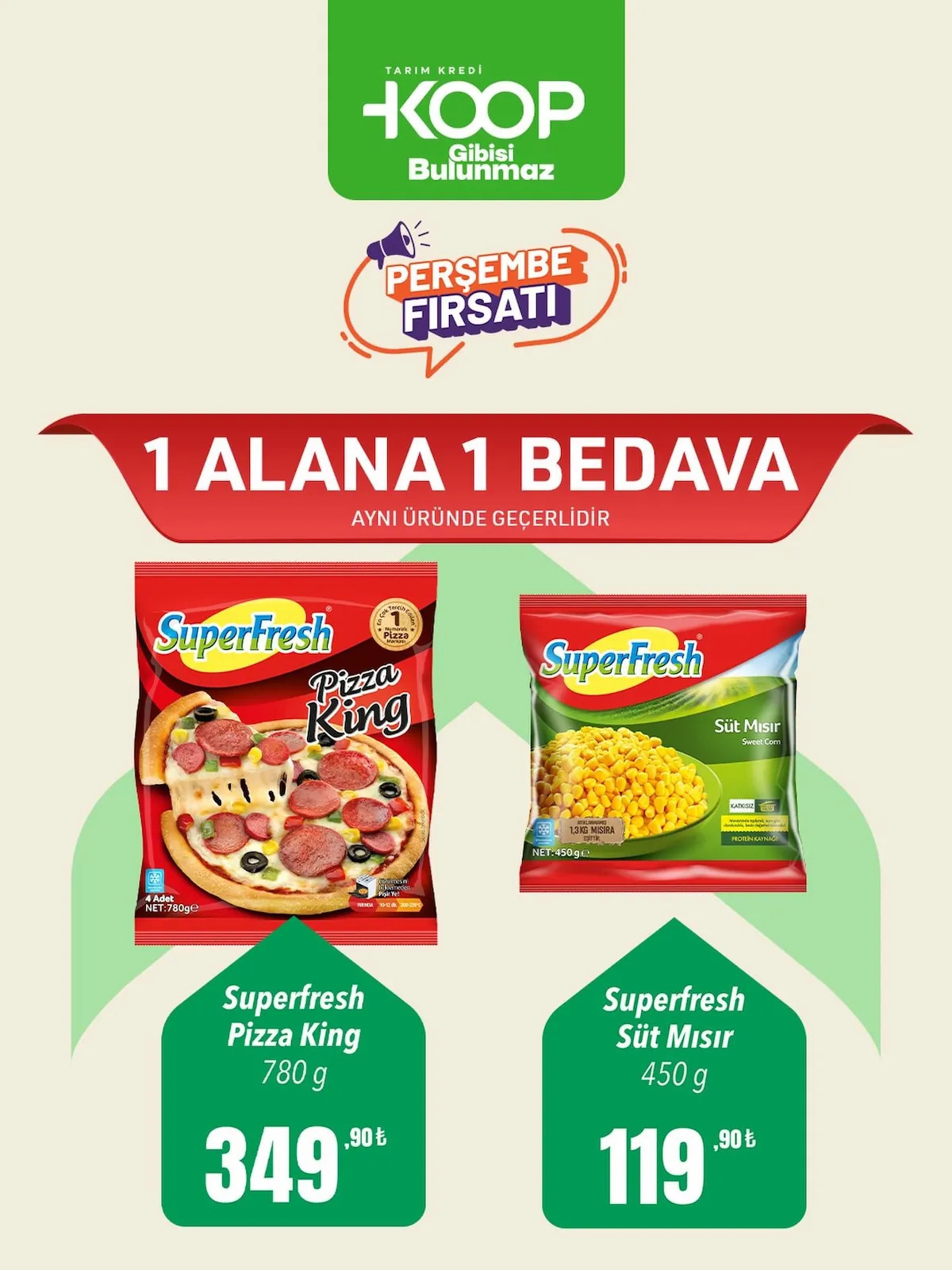 Tarım Kredi Tarım Kredi Kooperatifi 30 Nisan 2026 Aktüel Kataloğu sayfa 1: Superfresh Süt Mısır 450G, Superfresh Pizza King 780G