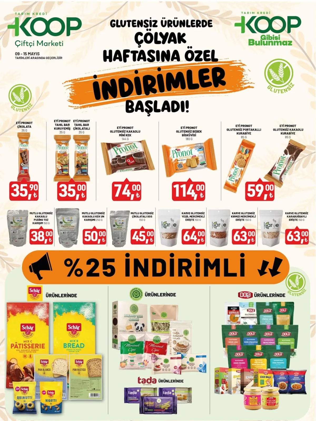 Tarım Kredi Tarım Kredi Kooperatifi 9 Mayıs 2026 Aktüel Kataloğu sayfa 1: Eti Pronot Glutensiz Bebek Bisküvisi 180G, Karve Glutensiz Karabuğdaylı Erişte 150G