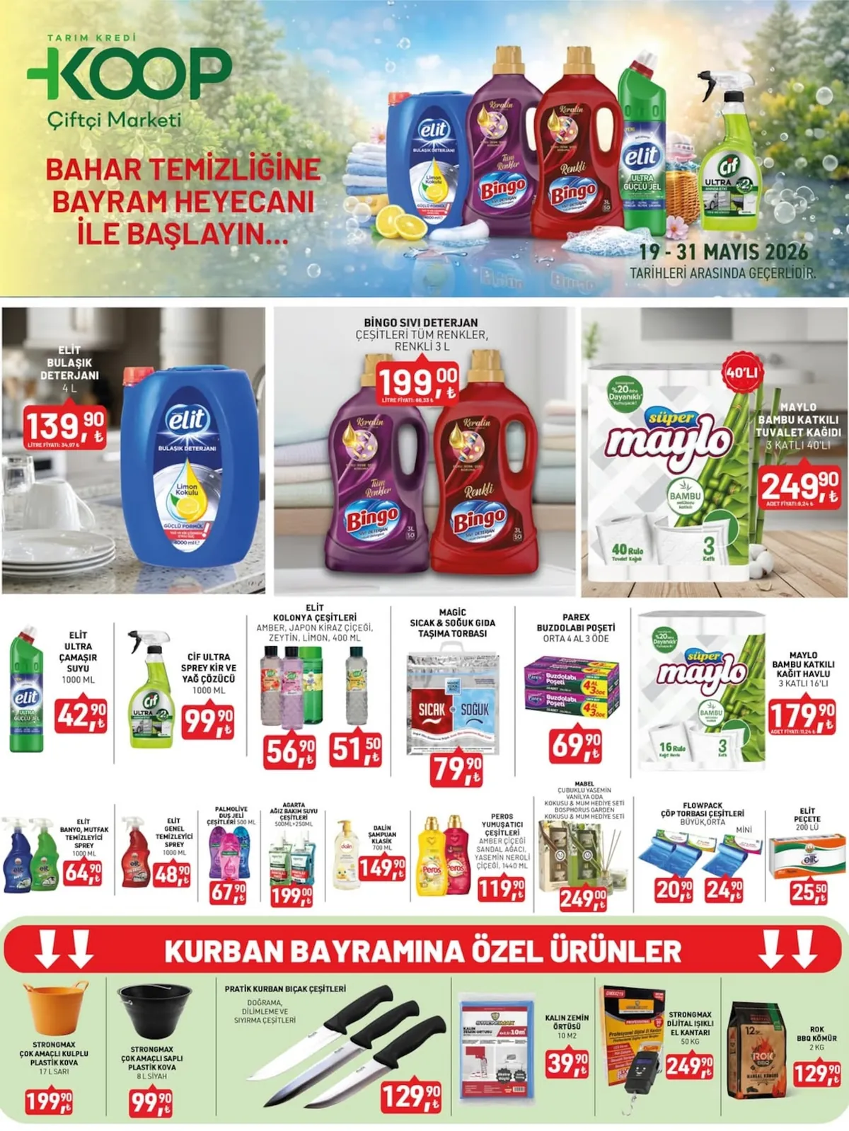 Tarım Kredi Tarım Kredi Kooperatifi 19 Mayıs 2026 Aktüel Kataloğu sayfa 4: Bingo Sıvı Deterjan Çeşitleri Tüm Renkler, Renkli 3L, Maylo Bambu Katkılı Tuvalet Kağıdı 3 Katlı 40'Lı