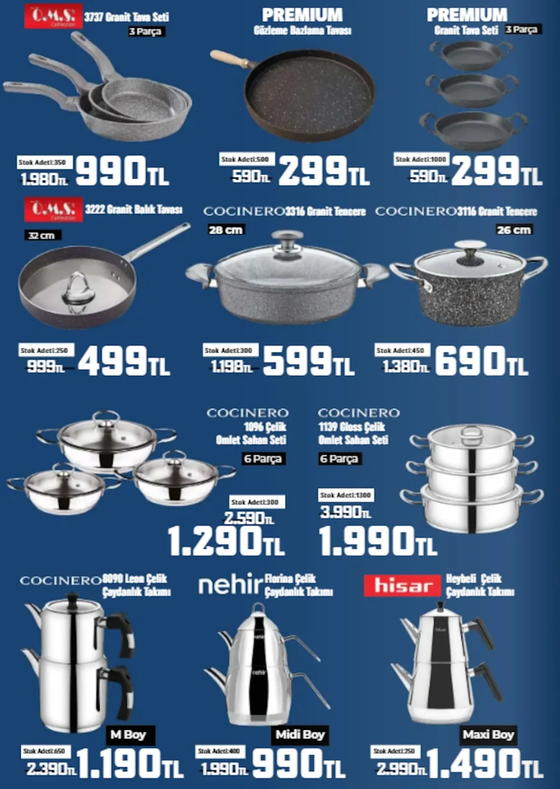 Taşpınar Taşpınar 11 Nisan 2026 Aktüel Kataloğu sayfa 4: Cocinero 1139 Gloss Çelik Omlet Sahan Seti 6 Parça, Premium Granit Tava Seti 3 Parça