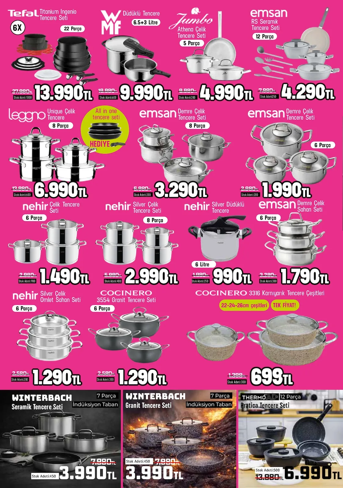Taşpınar Taşpınar 25 Nisan 2026 Aktüel Kataloğu sayfa 16: Döküm Tencere Seti 3 Parça, Emsan Demre Çelik Tencere Seti 8 Parça
