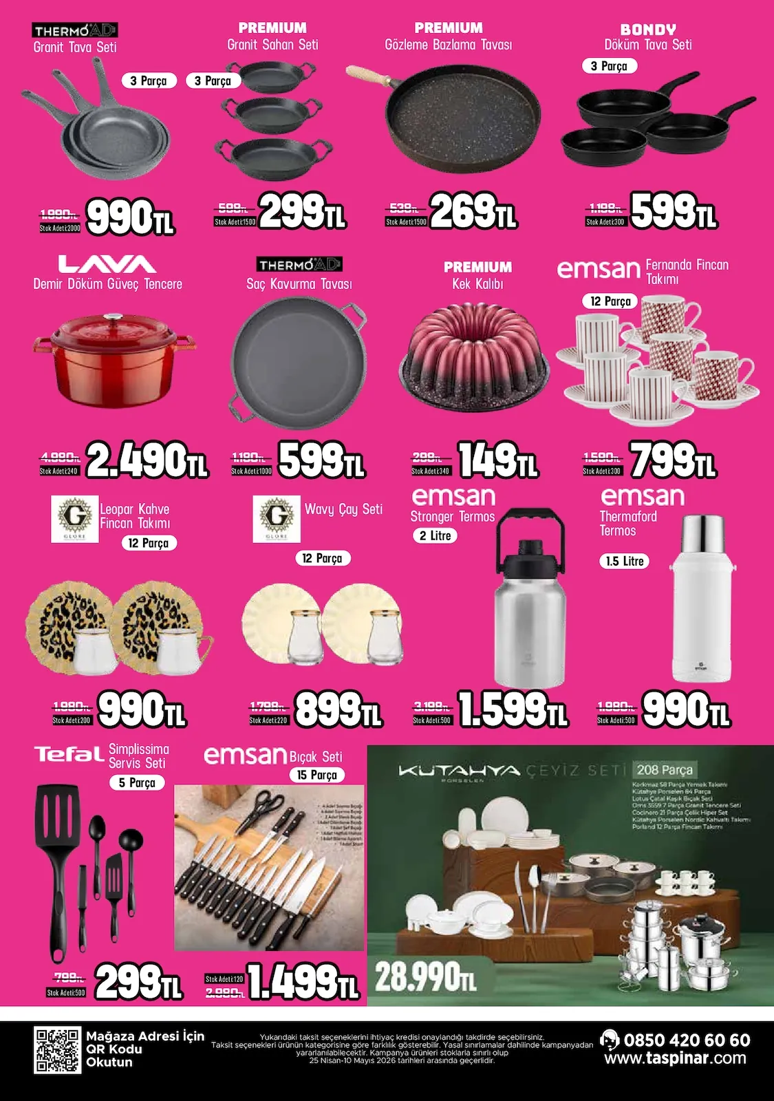 Taşpınar Taşpınar 25 Nisan 2026 Aktüel Kataloğu sayfa 18: Bondy Döküm Tava Seti 3 Parça, Glore Wavy Çay Seti 12 Parça