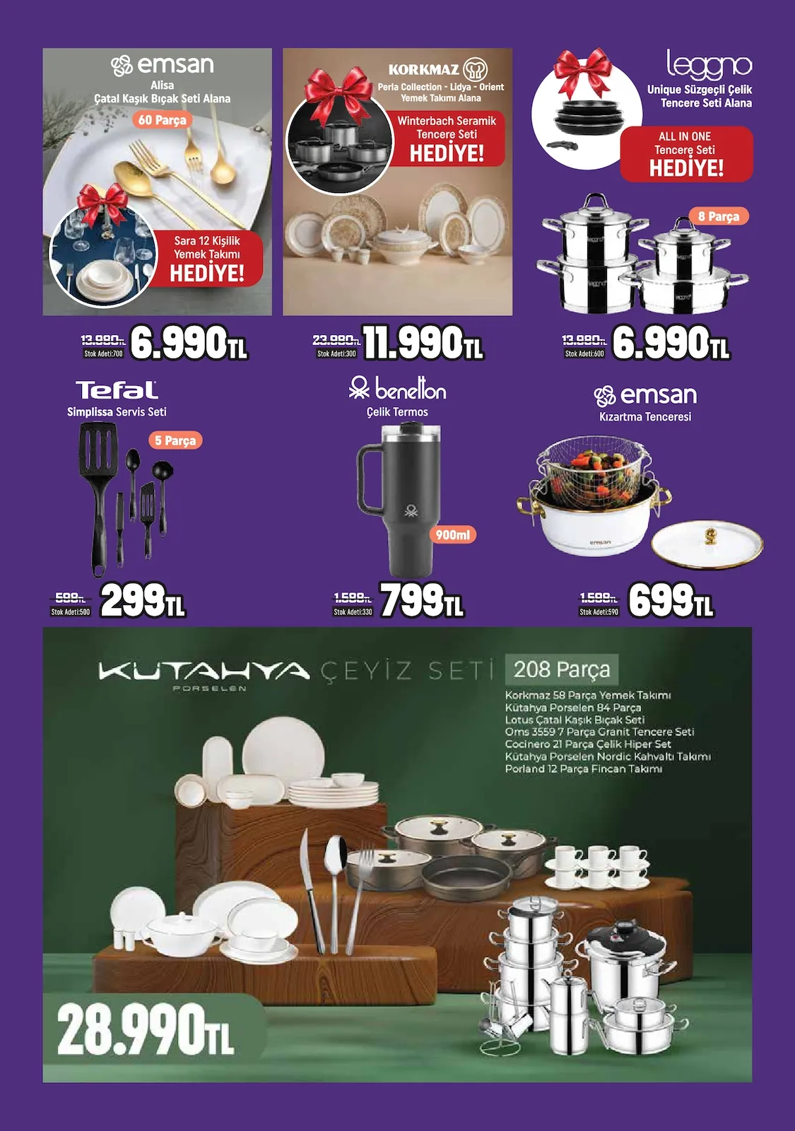 Taşpınar Taşpınar 16 Mayıs 2026 Aktüel Kataloğu sayfa 7: Kütahya Çeyiz Seti 208 Parça, Benetton Çelik Termos 900Ml