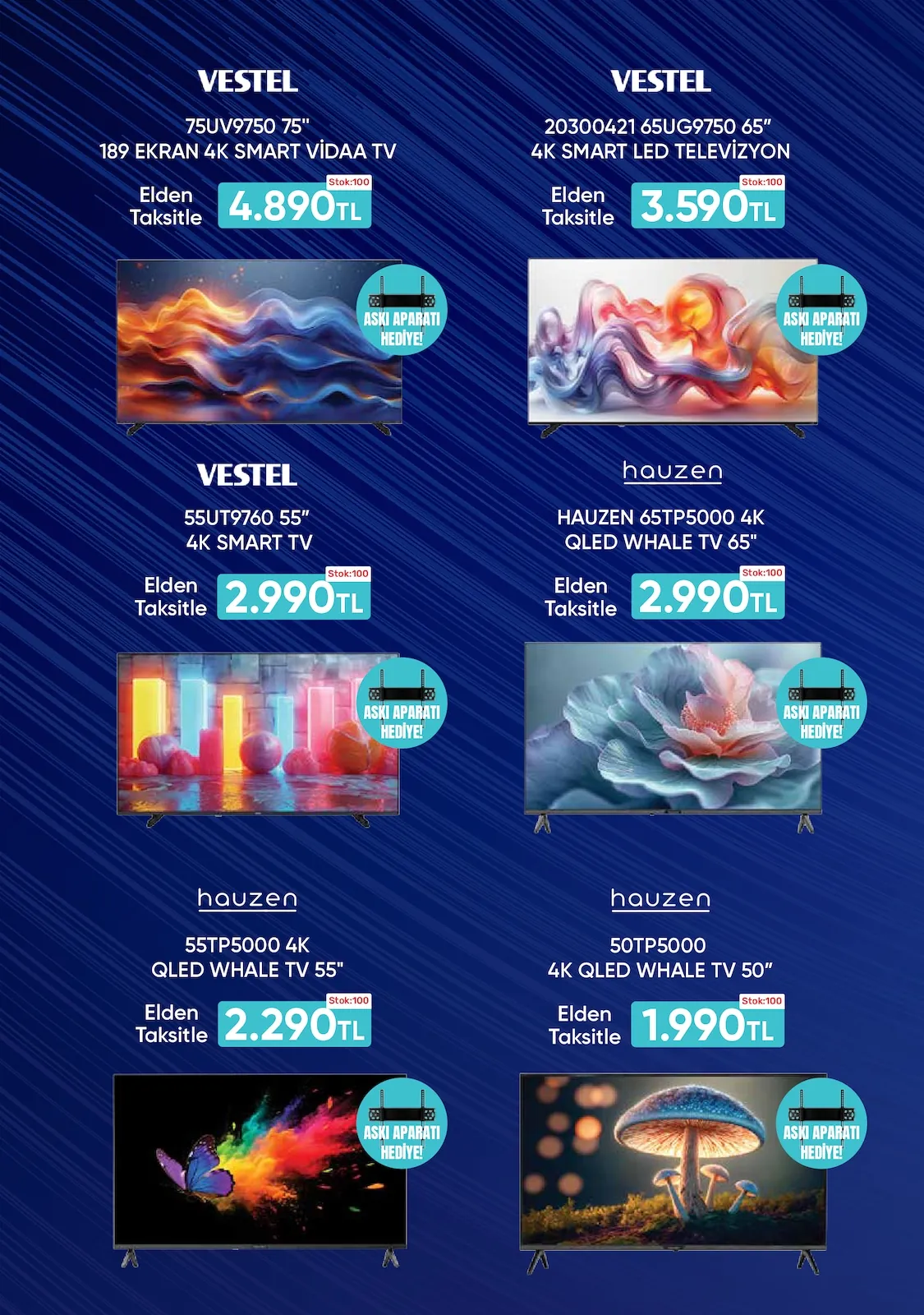 Taşpınar Taşpınar 6 Haziran 2026 Aktüel Kataloğu sayfa 10: Hauzen 65Tp5000 4K Qled Whale Tv 65", Vestel 20300421 65Ug9750 65" 4K Smart Led Televizyon