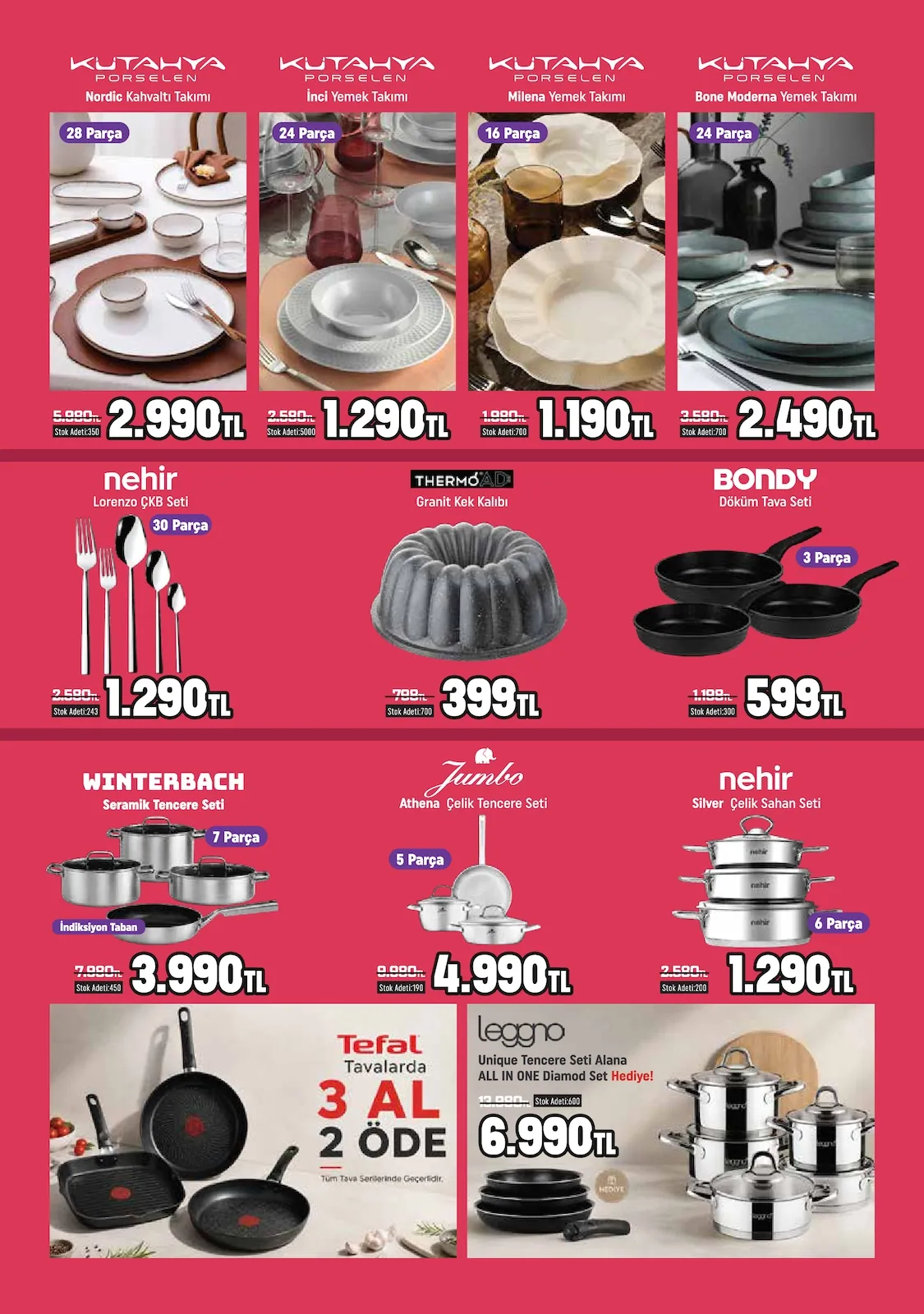 Taşpınar Taşpınar 6 Haziran 2026 Aktüel Kataloğu sayfa 5: Bondy Döküm Tava Seti 3 Parça, Nehir Silver Çelik Sahan Seti 6 Parça