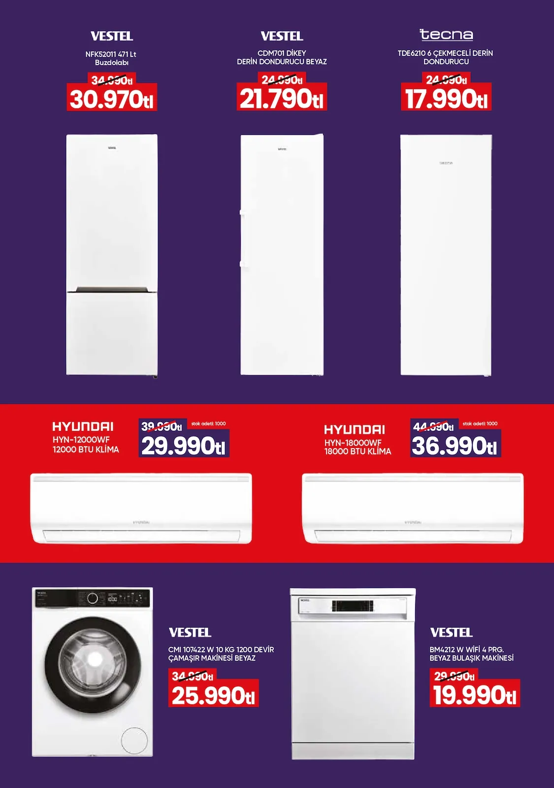 Taşpınar Taşpınar 6 Haziran 2026 Aktüel Kataloğu sayfa 8: Vestel Nfk52011 471 Lt Buzdolabı, Vestel Cdm701 Dikey Derin Dondurucu Beyaz