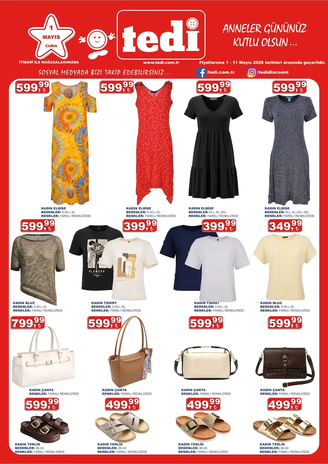Tedi Tedi 1 Mayıs 2026 Aktüel Kataloğu sayfa 1: Kadın Elbise M-Xl-2Xl-3Xl Farklı Renklerde, Kadın Çanta Farklı Renklerde