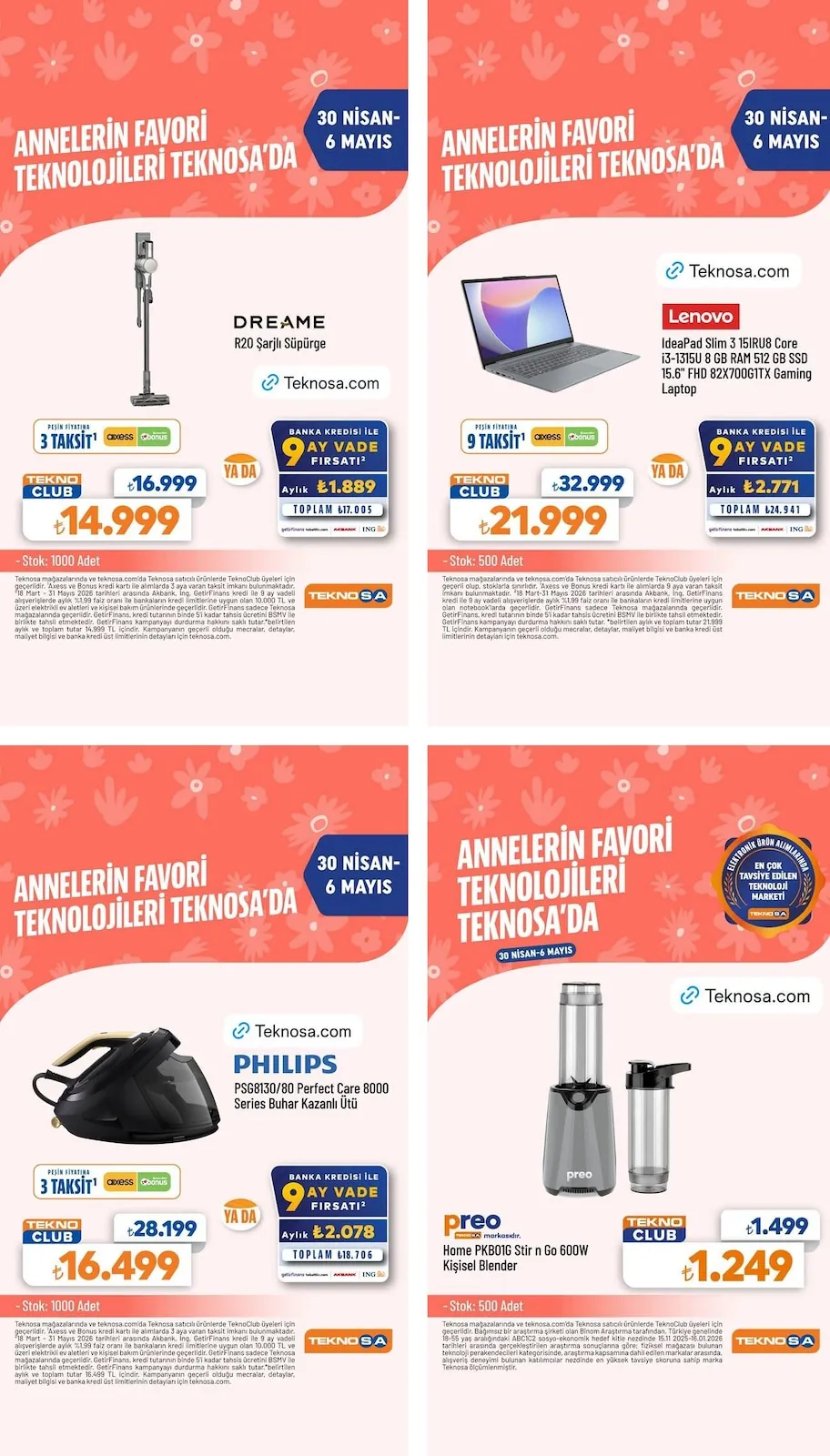 Teknosa Teknosa 30 Nisan 2026 Aktüel Kataloğu sayfa 2: Dreame R20 Şarjlı Süpürge, Preo Home Pkb01G Stir N Go 600W Kişisel Blender