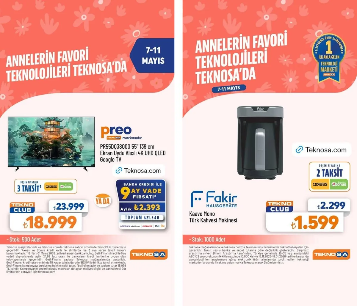 Teknosa Teknosa 7 Mayıs 2026 Aktüel Kataloğu sayfa 3: Fakir Kaave Mono Türk Kahvesi Makinesi, Preo Pr55Dq38000 55" 139 Cm Ekran Uydu Alıcılı 4K Uhd Qled Google Tv