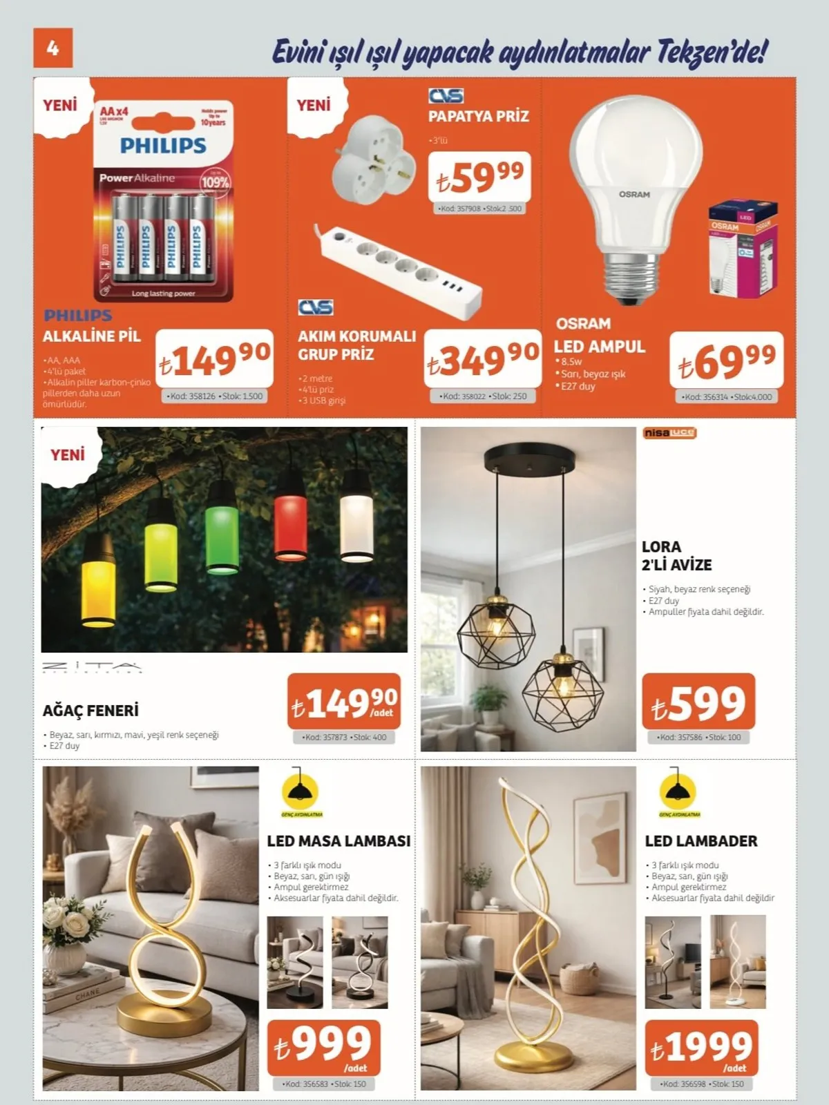 Tekzen Tekzen 16 Mart 2026 Aktüel Kataloğu sayfa 4: Led Masa Lambası, Lora 2'Li Avize