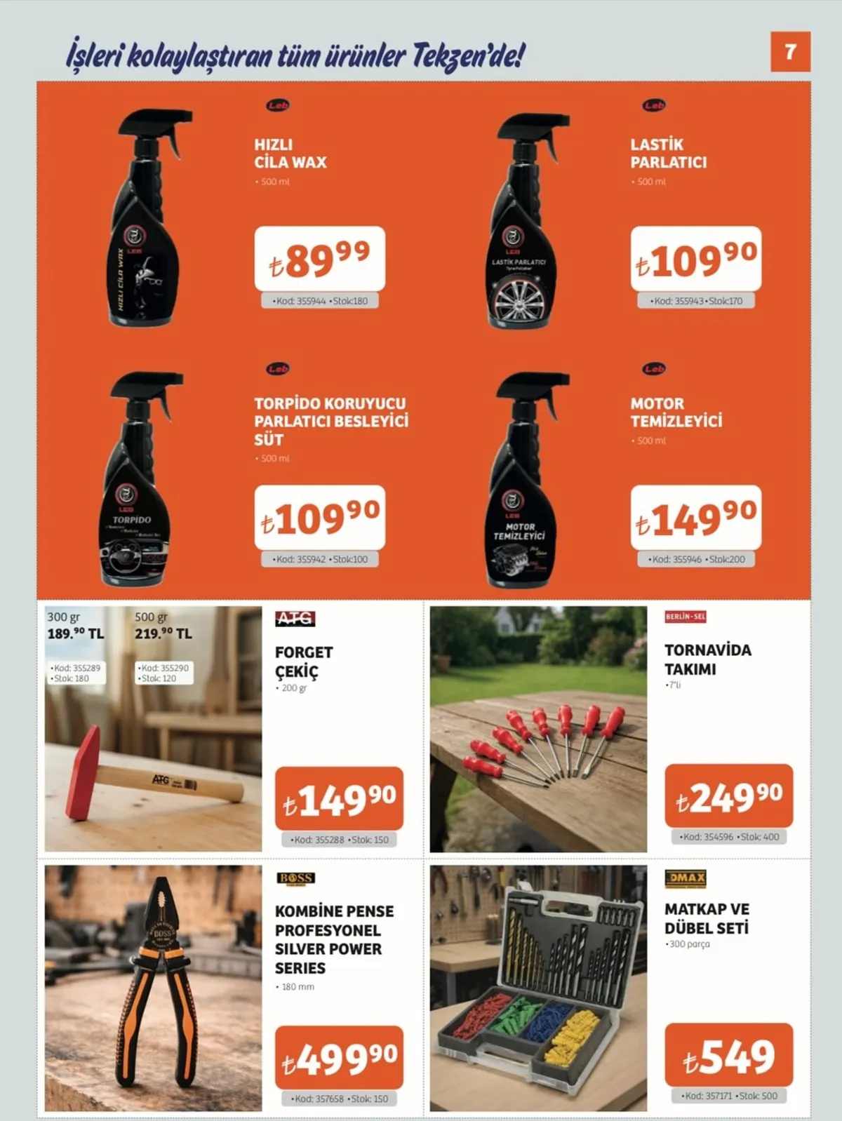 Tekzen Tekzen 16 Mart 2026 Aktüel Kataloğu sayfa 7: Hızlı Cila Wax 500 Ml, Matkap Ve Dübel Seti 300 Parça