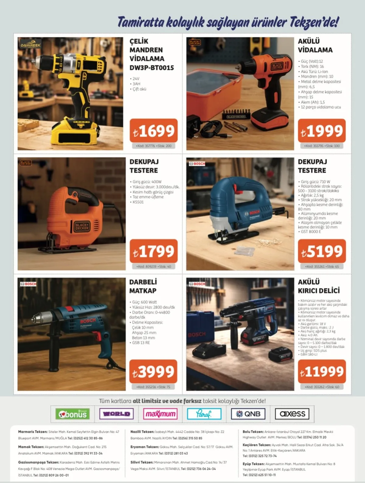 Tekzen Tekzen 16 Mart 2026 Aktüel Kataloğu sayfa 8: Bosch Darbeli Matkap, Black Decker Dekupaj Testere