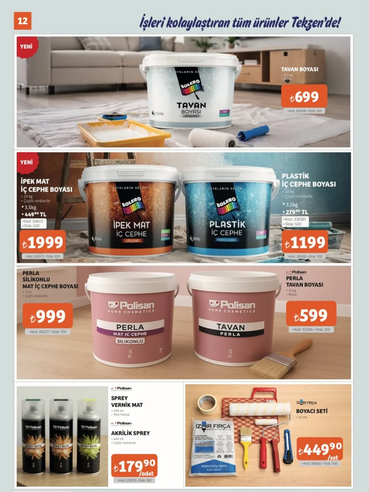 Tekzen Tekzen 8 Mayıs 2026 Aktüel Kataloğu sayfa 12: Bolero Plastik İç Cephe Boyası 20Kg, Polisan Perla Silikonlu Mat İç Cephe Boyası 7.5Lt