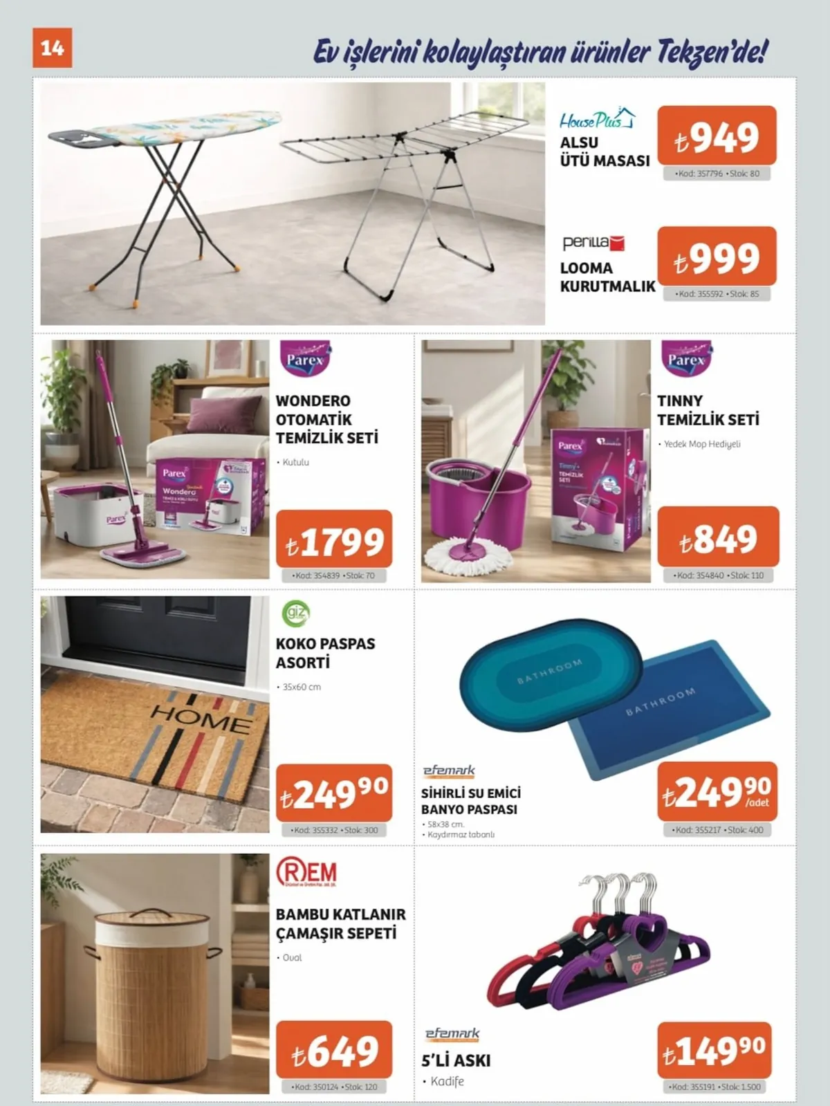 Tekzen Tekzen 8 Mayıs 2026 Aktüel Kataloğu sayfa 14: Giz Koko Paspas Asorti 35X60 Cm, Parex Wondero Otomatik Temizlik Seti